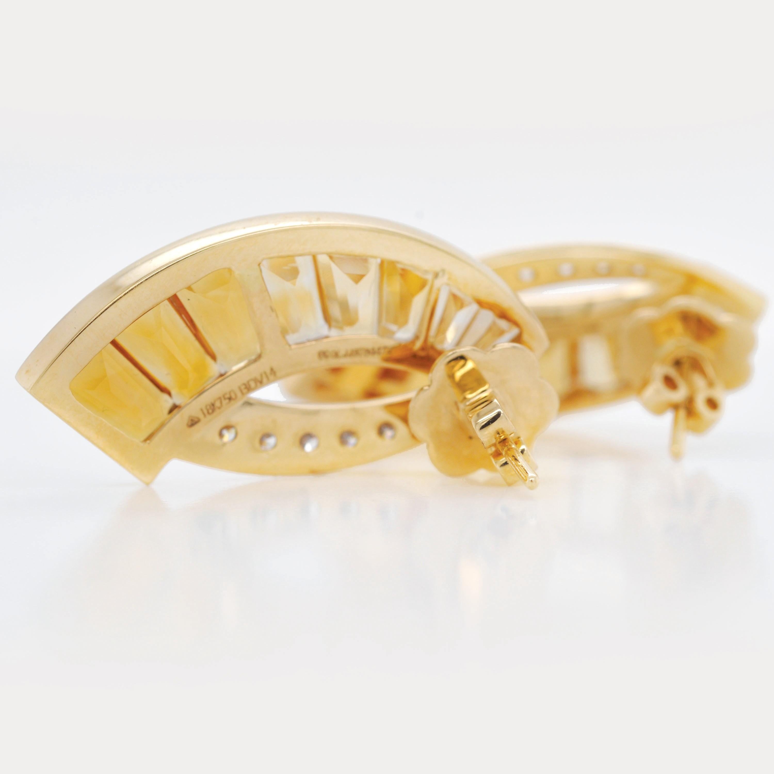 18 Karat Gold Taper Baguette Channel Set Citrine Diamond Contemporary Ear Studs In New Condition For Sale In Jaipur, Rajasthan