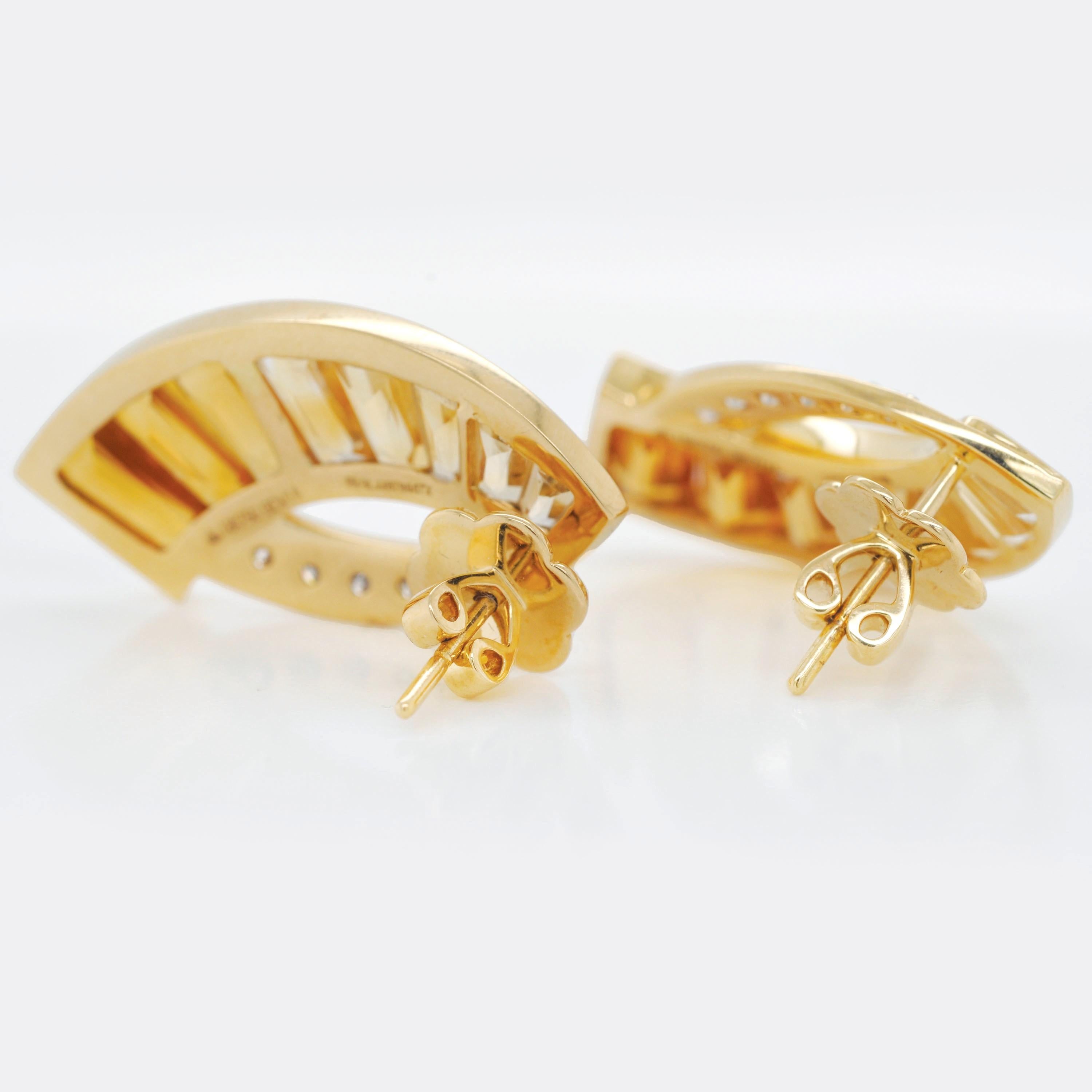 Women's 18 Karat Gold Taper Baguette Channel Set Citrine Diamond Contemporary Ear Studs For Sale
