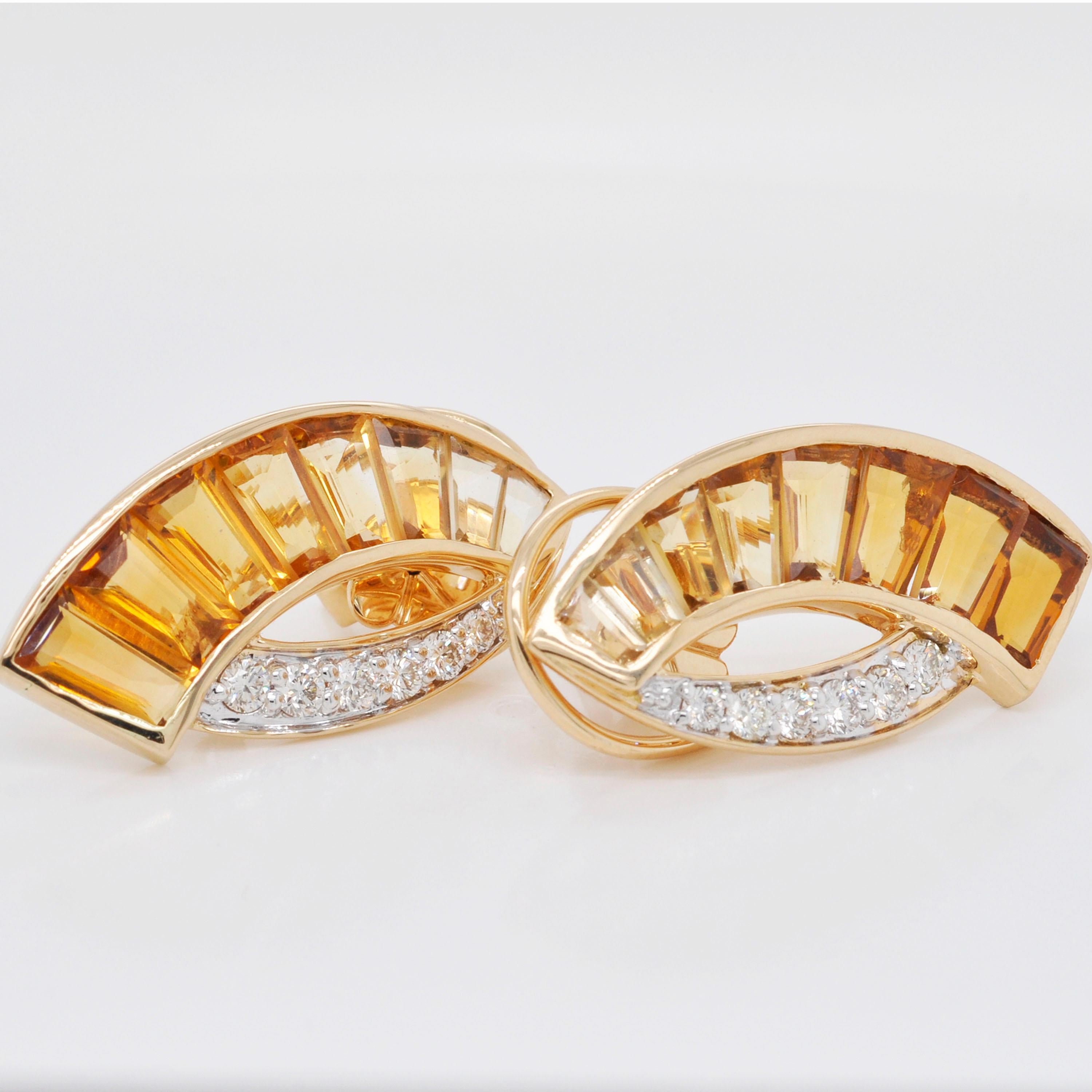 18 Karat Gold Taper Baguette Channel Set Citrine Diamond Contemporary Ear Studs In New Condition For Sale In Jaipur, Rajasthan
