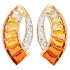 18 Karat Gold Taper Baguette Channel Set Citrine Diamond Contemporary Ear Studs