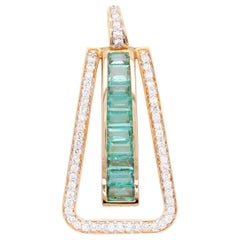 18 Karat Gold Taper Baguette Emerald Diamond Art Deco Linear Pendant