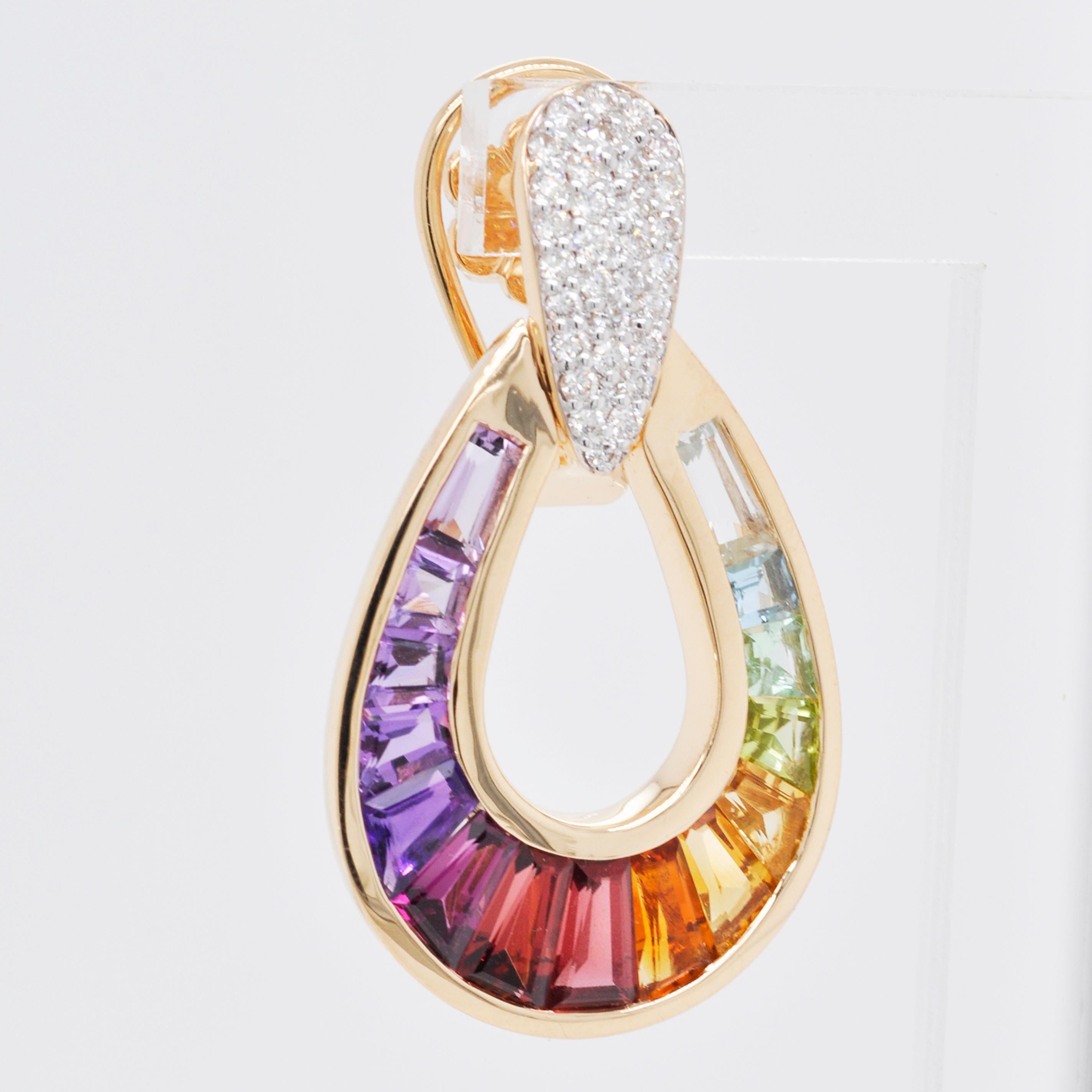 18 Karat Gold Taper Baguette Multi-Color Rainbow Diamond Dangling Drop Earrings For Sale 1