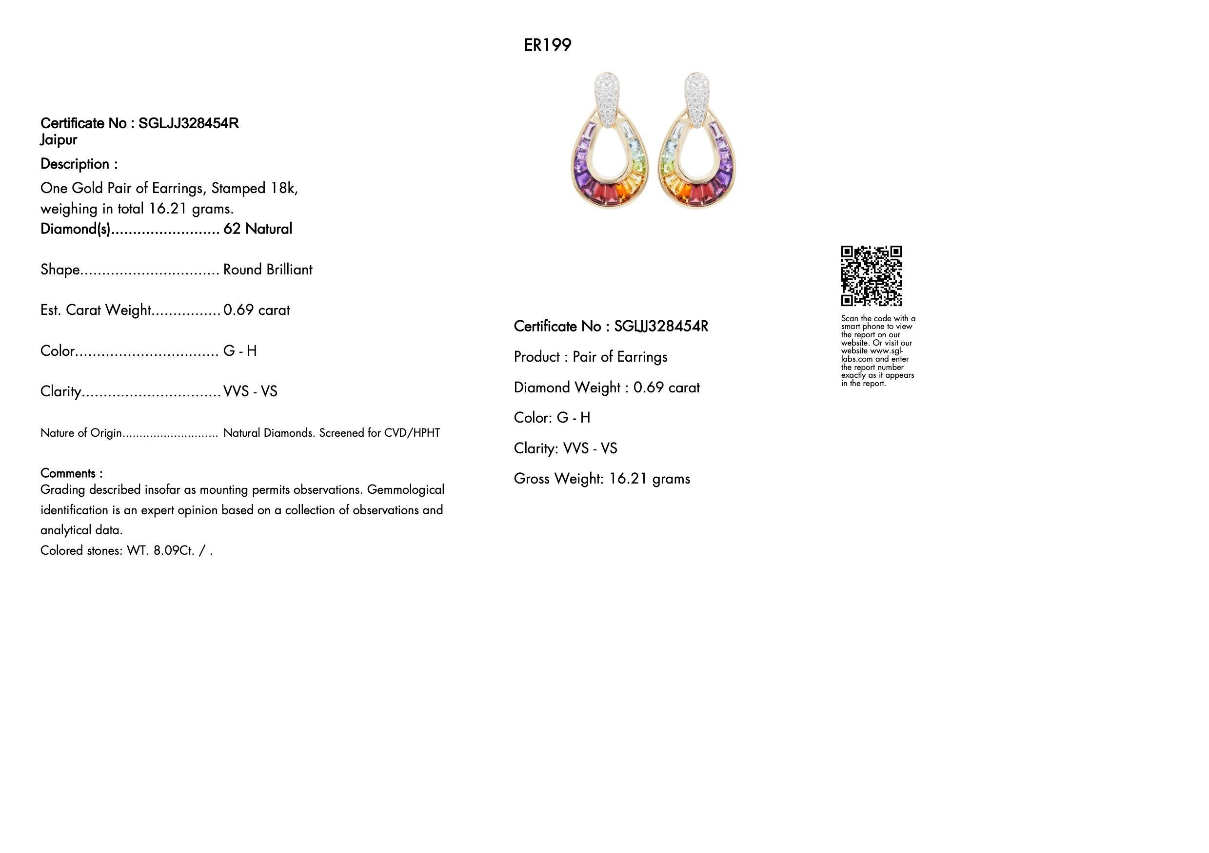 18 Karat Gold Taper Baguette Multi-Color Rainbow Diamond Dangling Drop Earrings For Sale 4