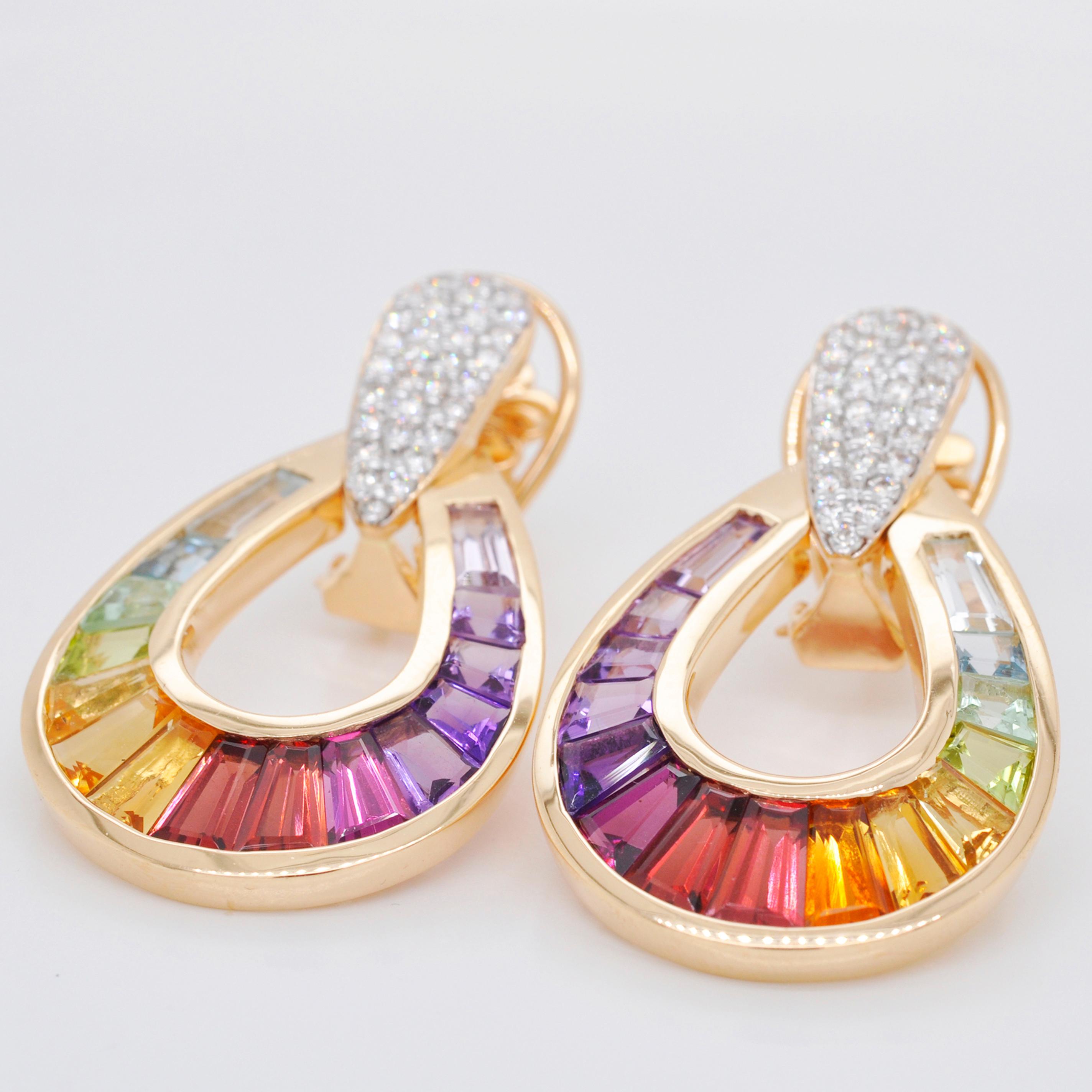 18 Karat Gold Taper Baguette Multi-Color Regenbogen-Diamant-Tropfen-Ohrringe im Zustand „Neu“ im Angebot in Jaipur, Rajasthan