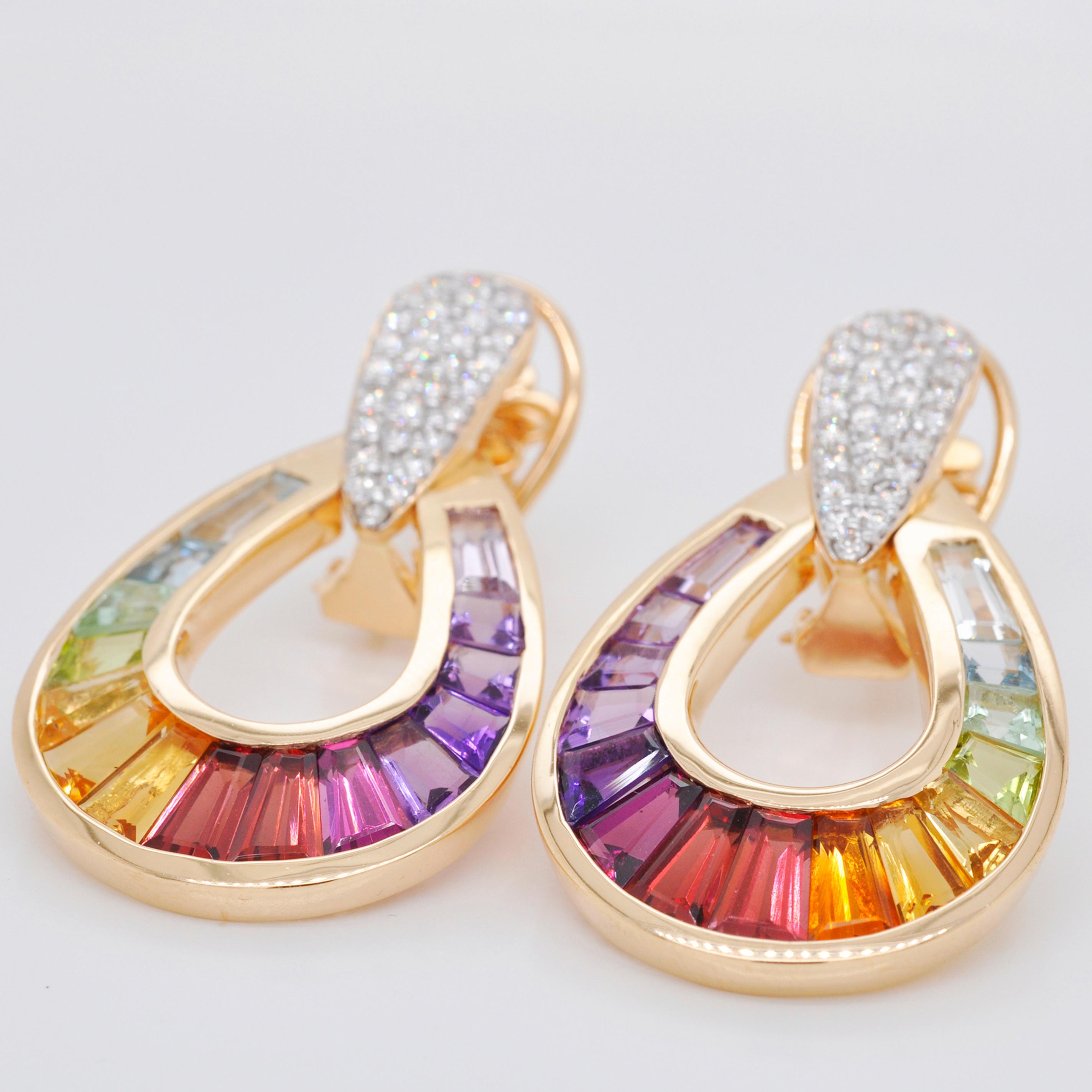 Contemporary 18 Karat Gold Taper Baguette Multi-Color Rainbow Diamond Dangling Drop Earrings For Sale