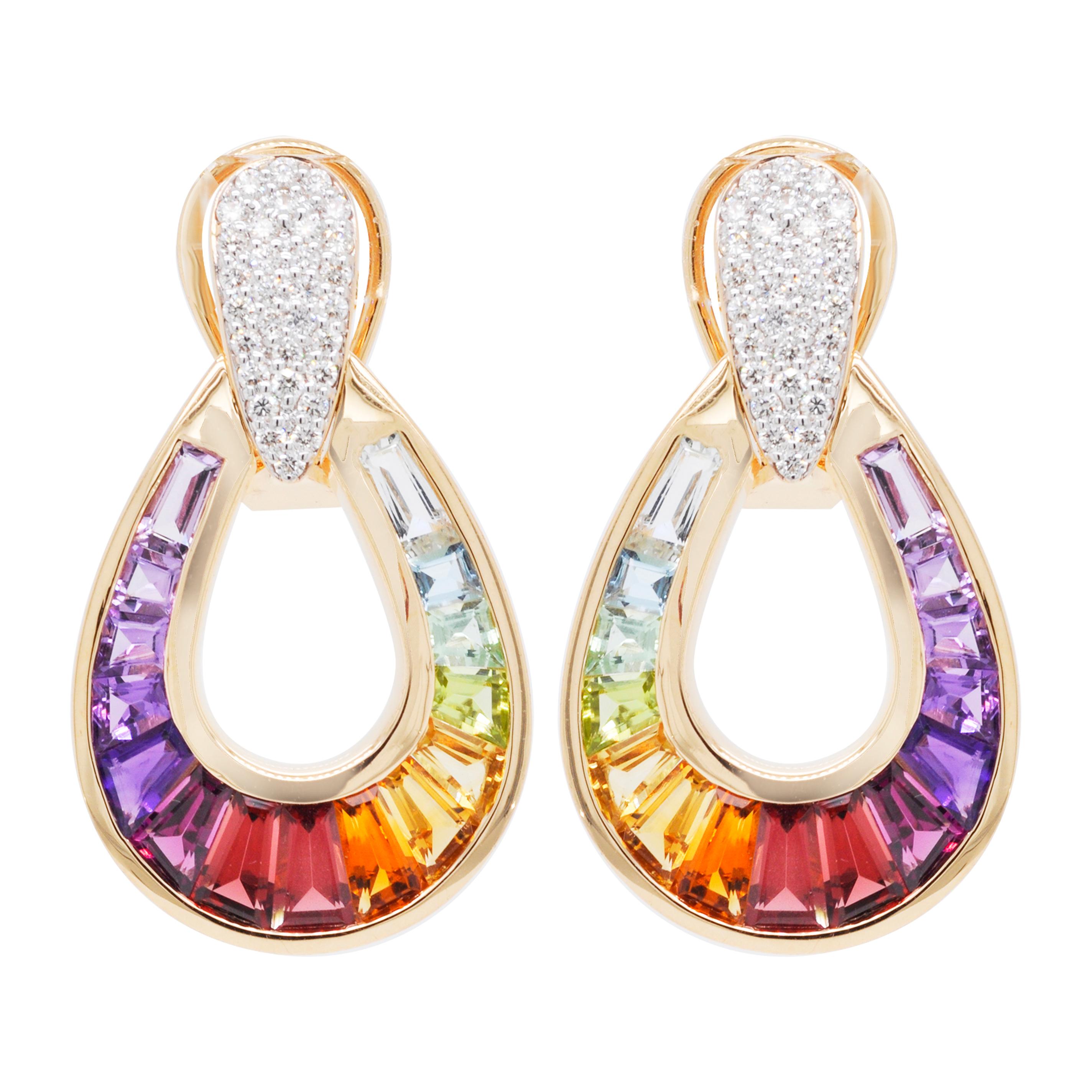 Tapered Baguette 18 Karat Gold Taper Baguette Multi-Color Rainbow Diamond Dangling Drop Earrings For Sale