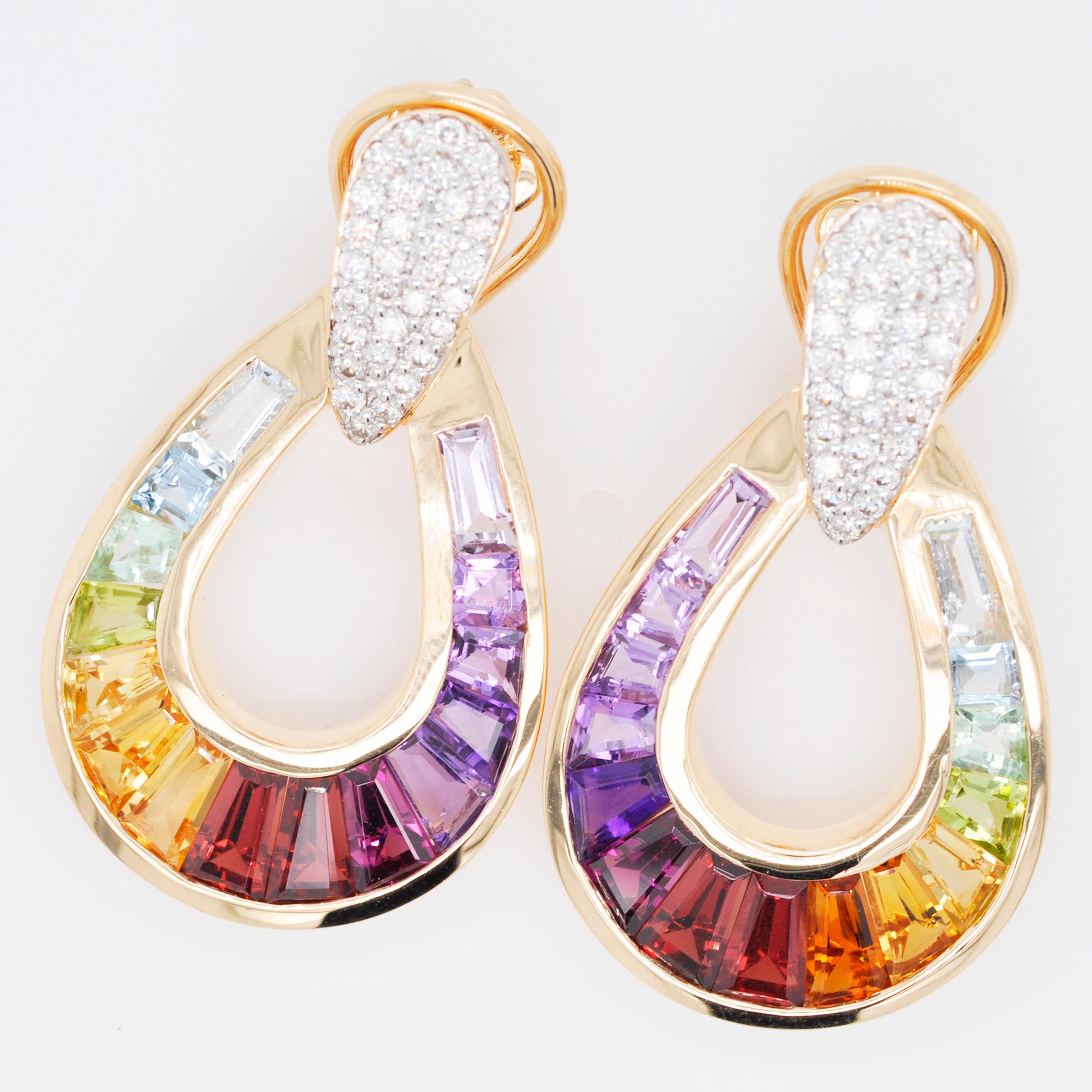 18 Karat Gold Taper Baguette Multi-Color Rainbow Diamond Dangling Drop Earrings In New Condition For Sale In Jaipur, Rajasthan