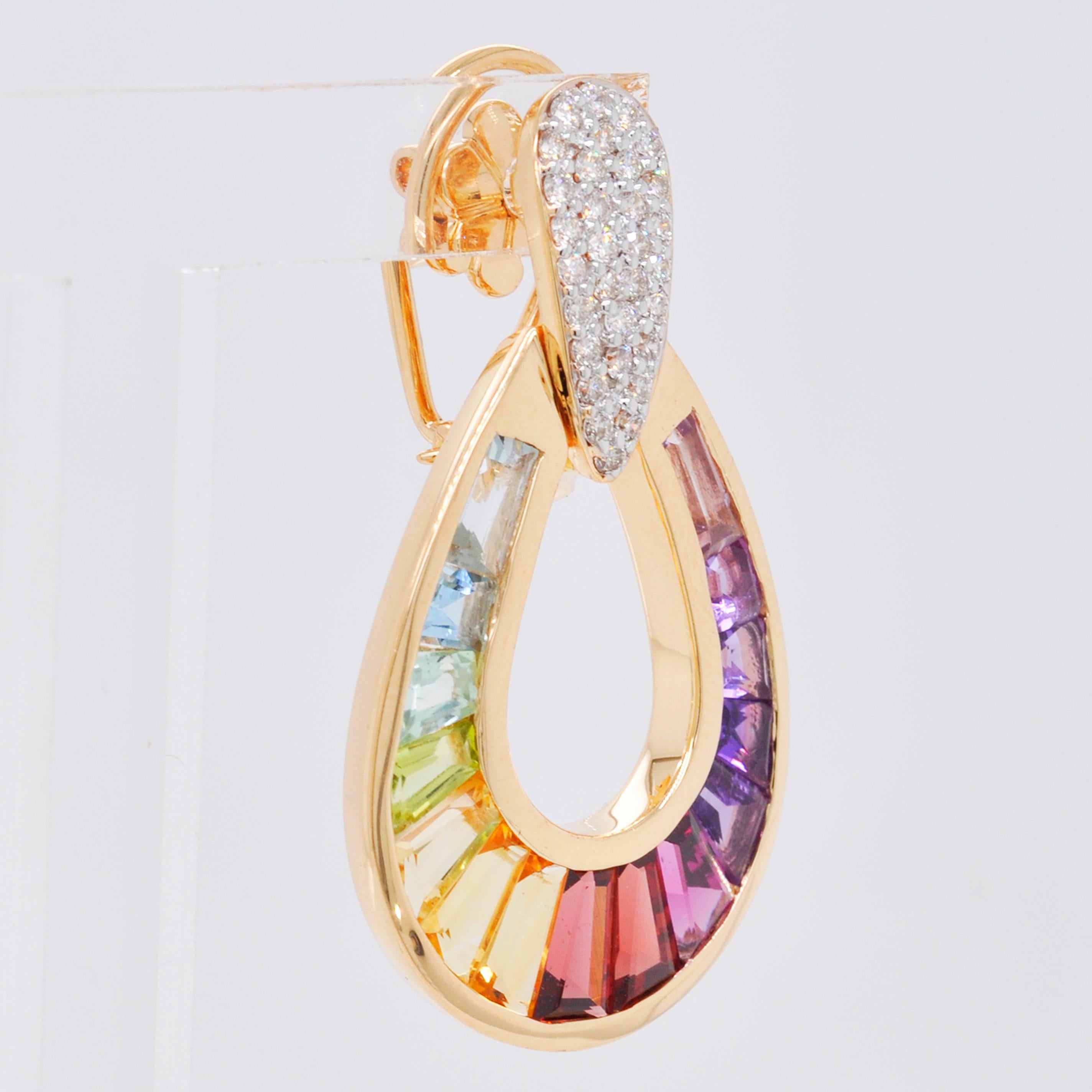 Women's 18 Karat Gold Taper Baguette Multi-Color Rainbow Diamond Dangling Drop Earrings For Sale