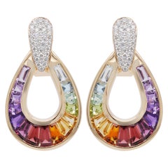 18 Karat Gold Taper Baguette Multi-Color Rainbow Diamond Dangling Drop Earrings