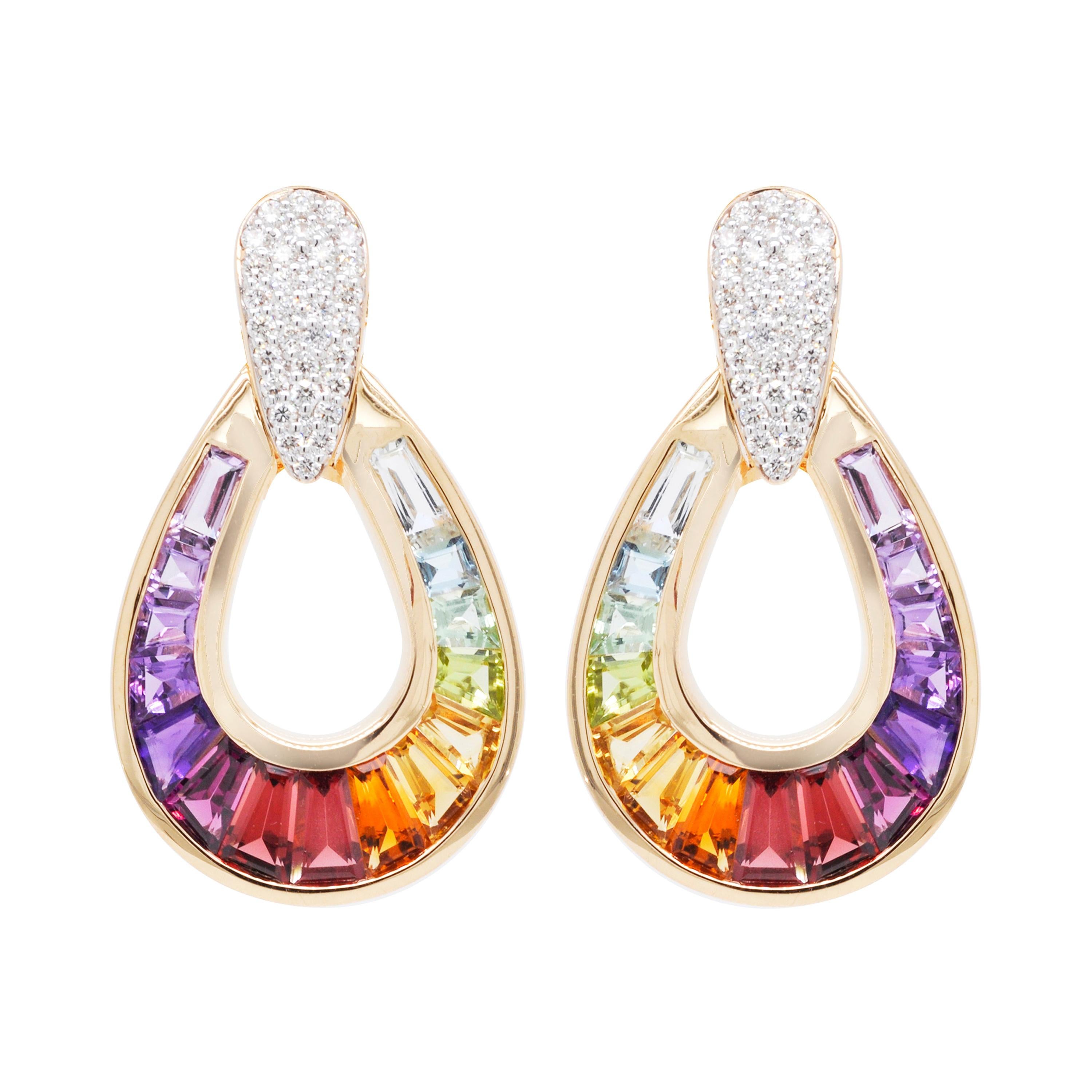 18 Karat Gold Taper Baguette Multi-Color Rainbow Diamond Dangling Drop Earrings For Sale