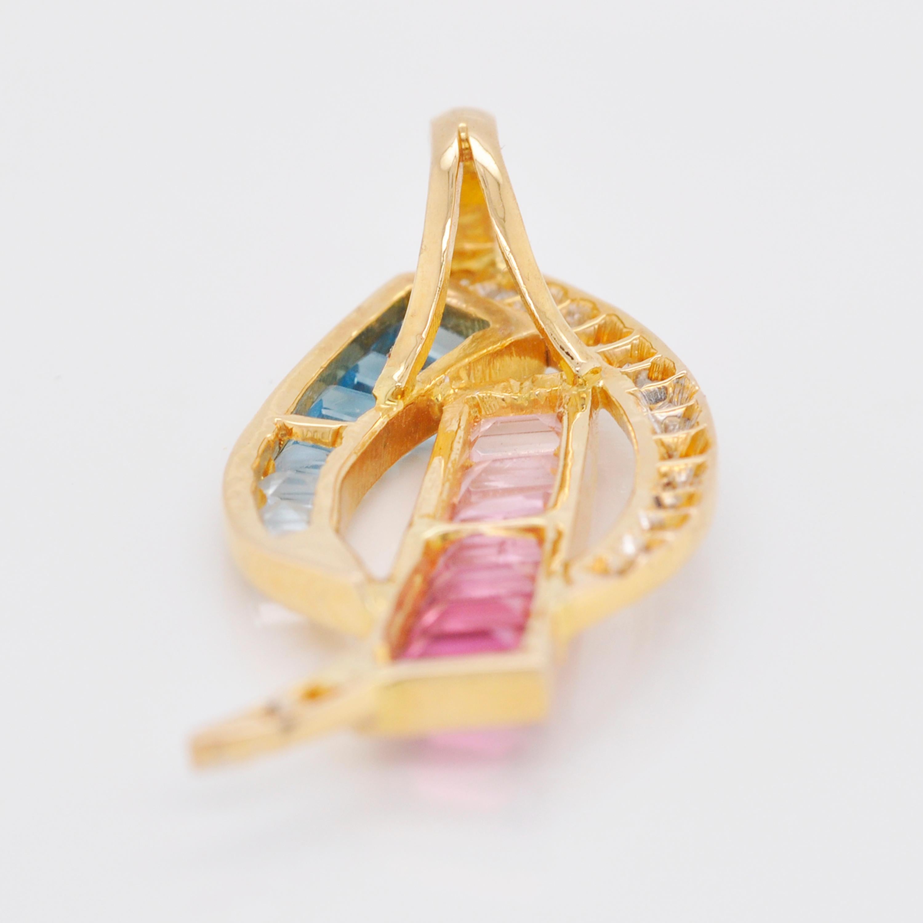 18 Karat Gold spitz zulaufende Baguette Rosa Turmalin Aquamarin Diamant Anhänger Halskette im Angebot 5