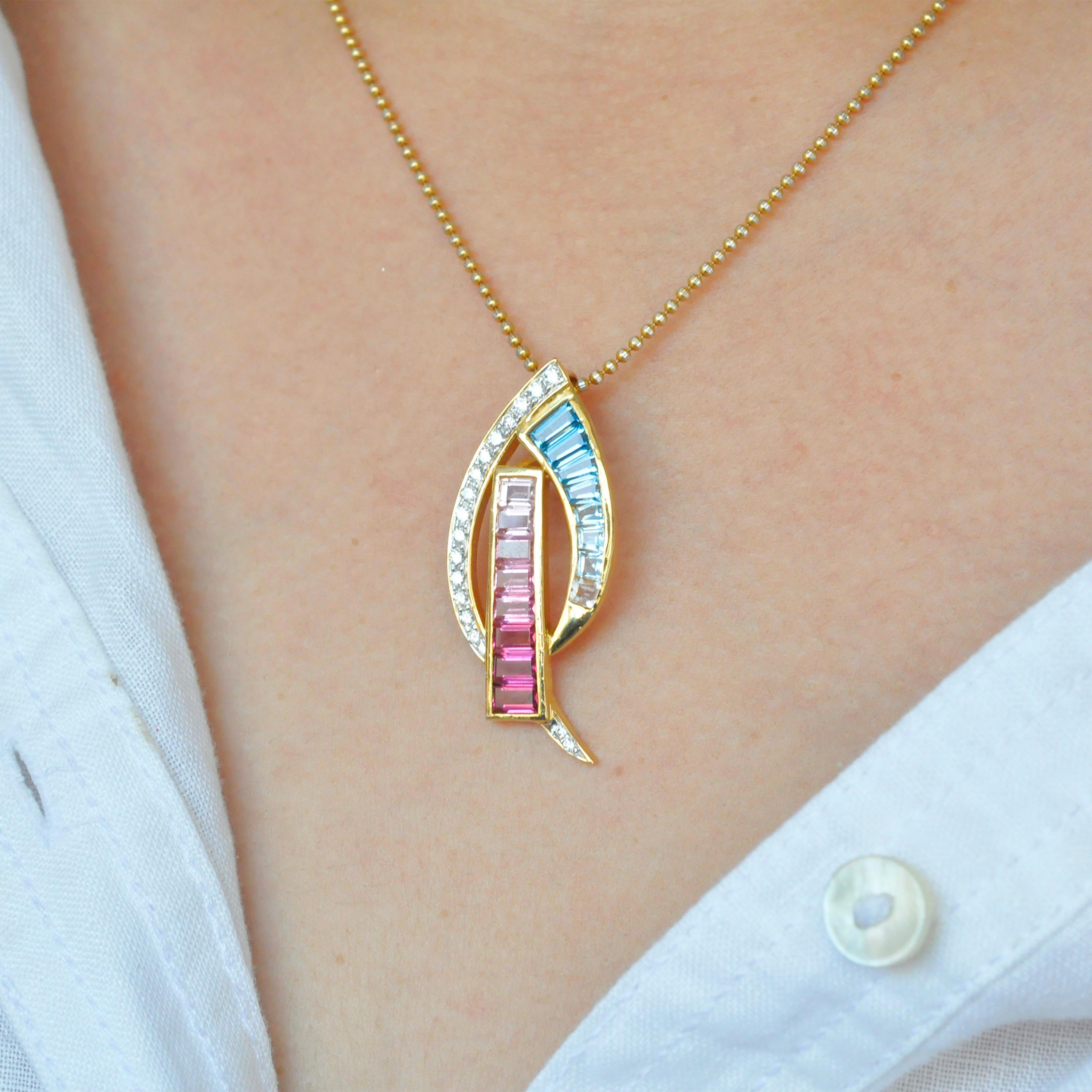 18 Karat Gold Taper Baguette Pink Tourmaline Aquamarine Diamond Pendant Necklace For Sale 6