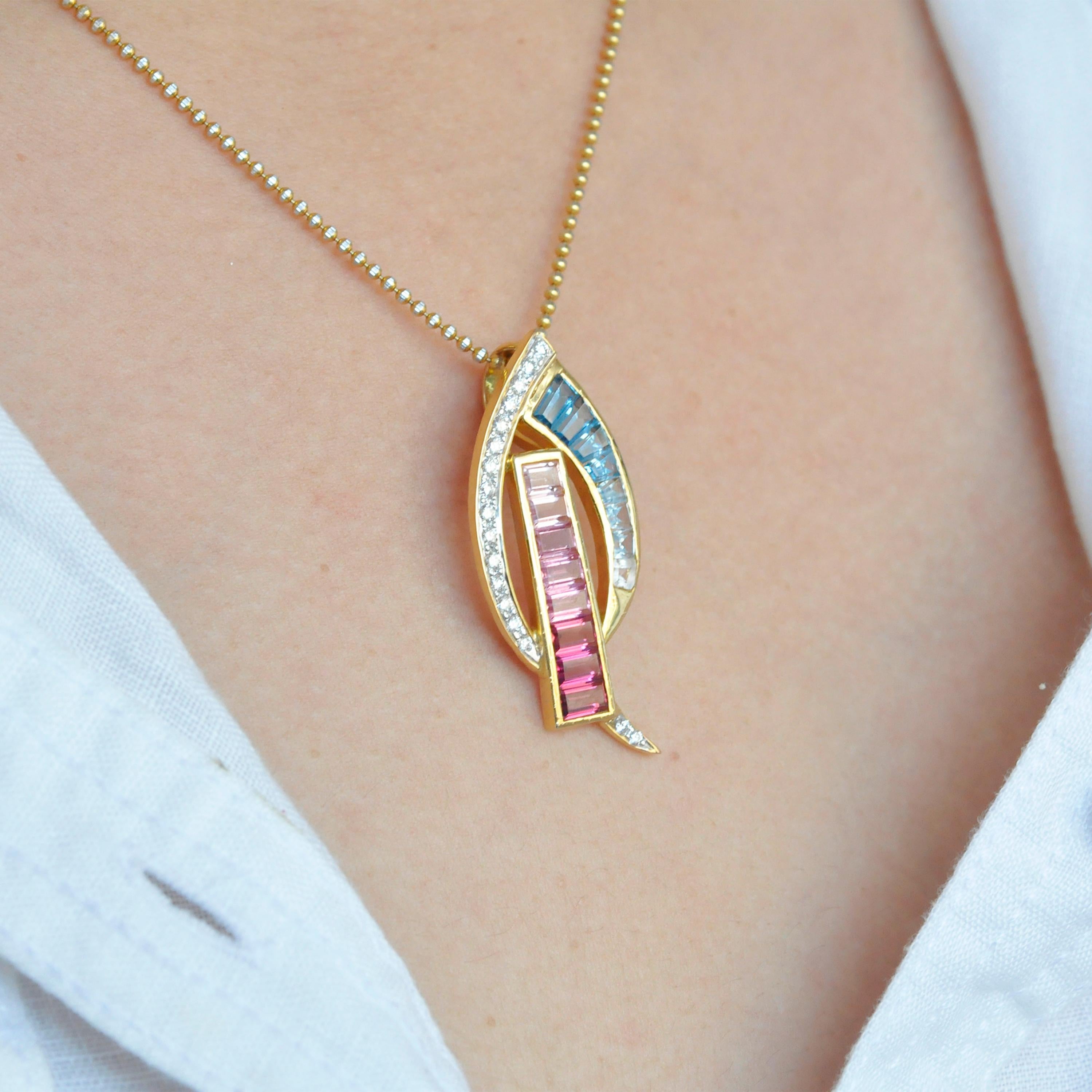 18 Karat Gold spitz zulaufende Baguette Rosa Turmalin Aquamarin Diamant Anhänger Halskette im Angebot 8