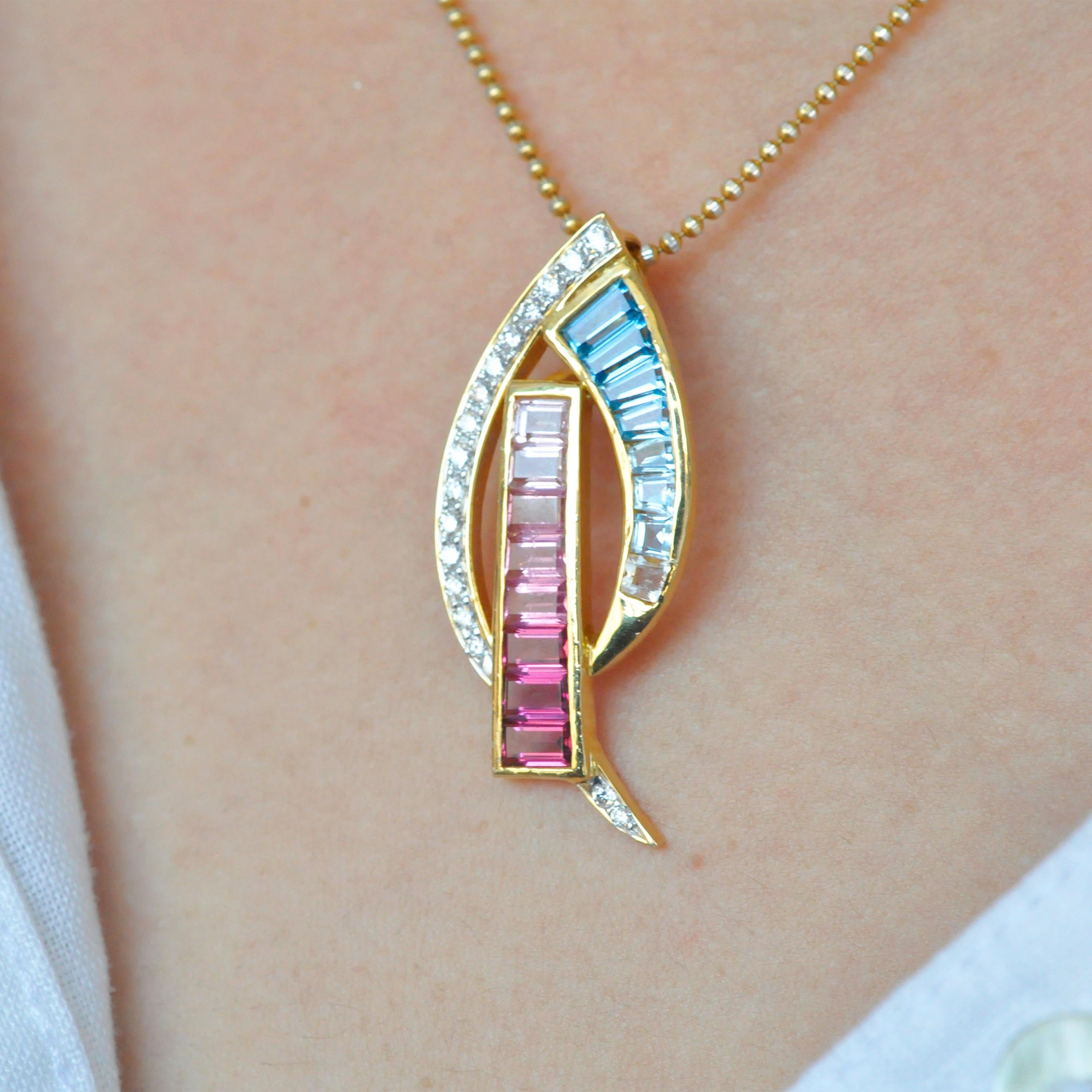 Contemporary 18 Karat Gold Taper Baguette Pink Tourmaline Aquamarine Diamond Pendant Necklace For Sale