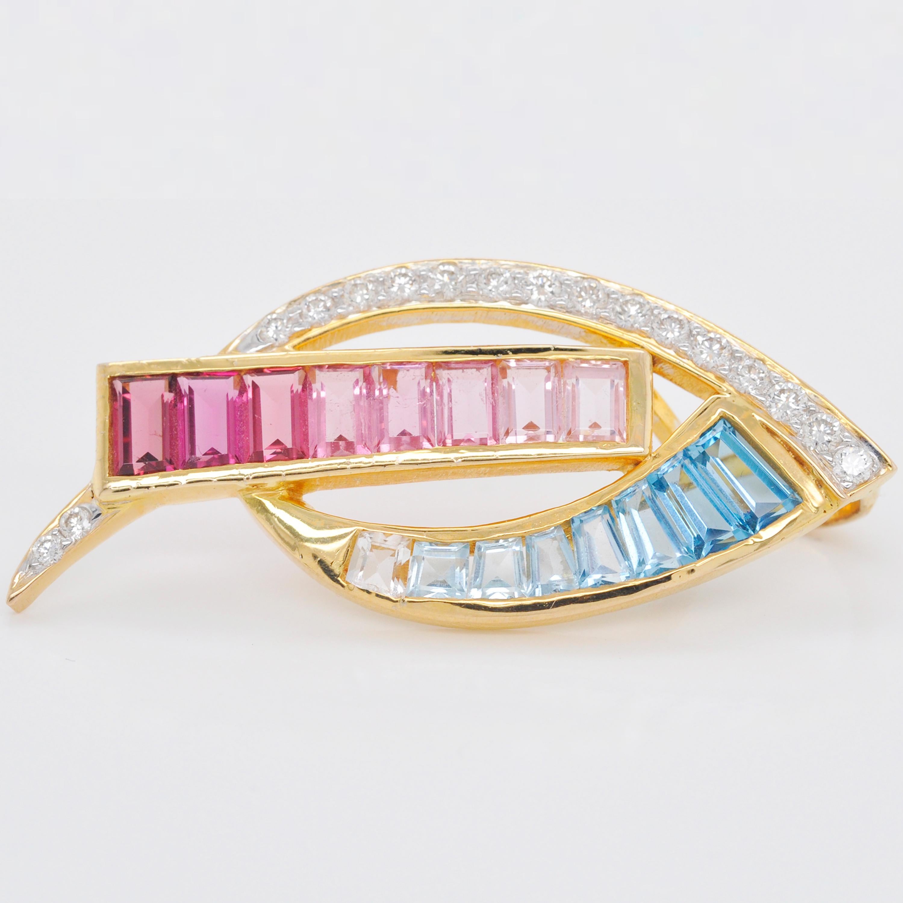 18 Karat Gold spitz zulaufende Baguette Rosa Turmalin Aquamarin Diamant Anhänger Halskette Damen im Angebot