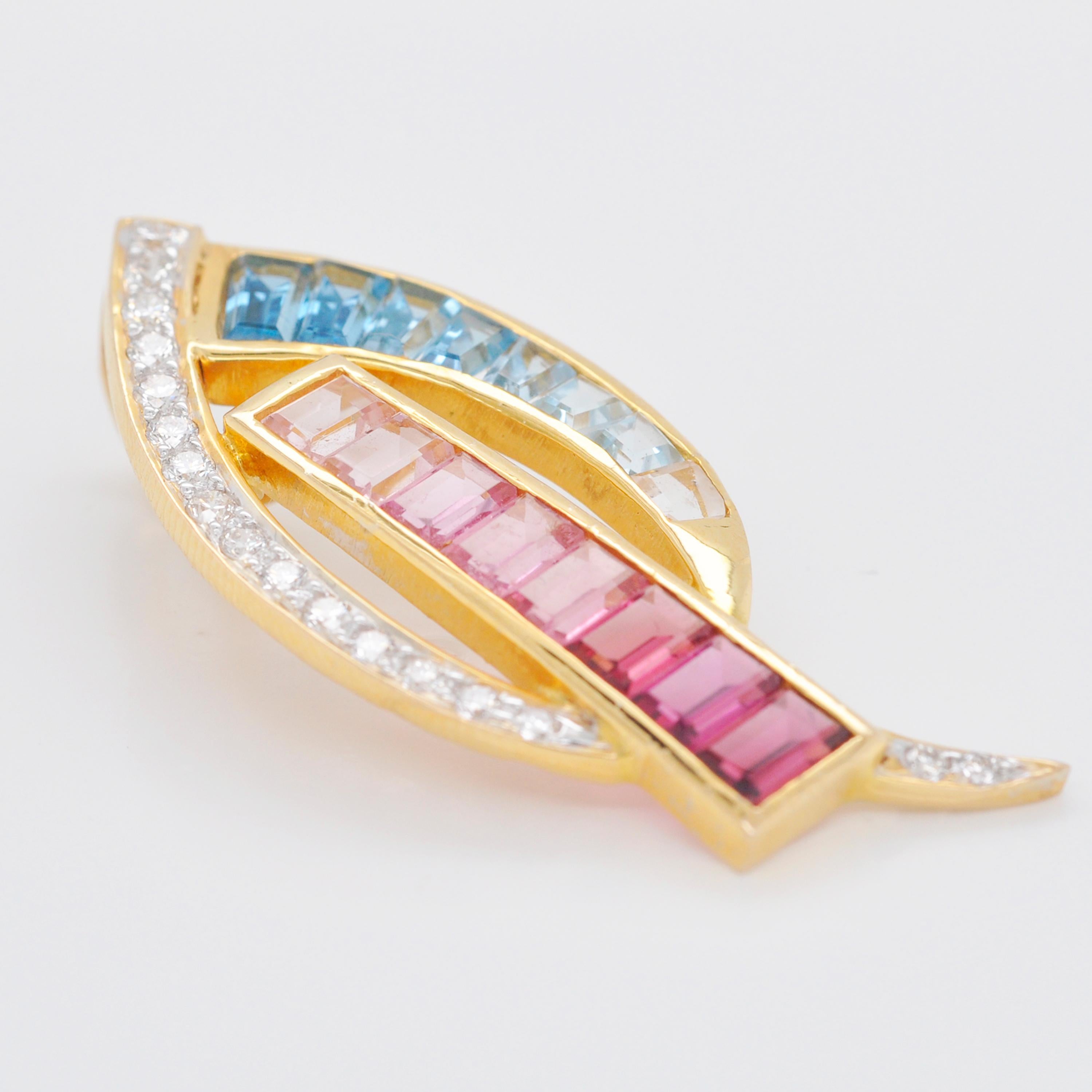 18 Karat Gold spitz zulaufende Baguette Rosa Turmalin Aquamarin Diamant Anhänger Halskette im Angebot 1