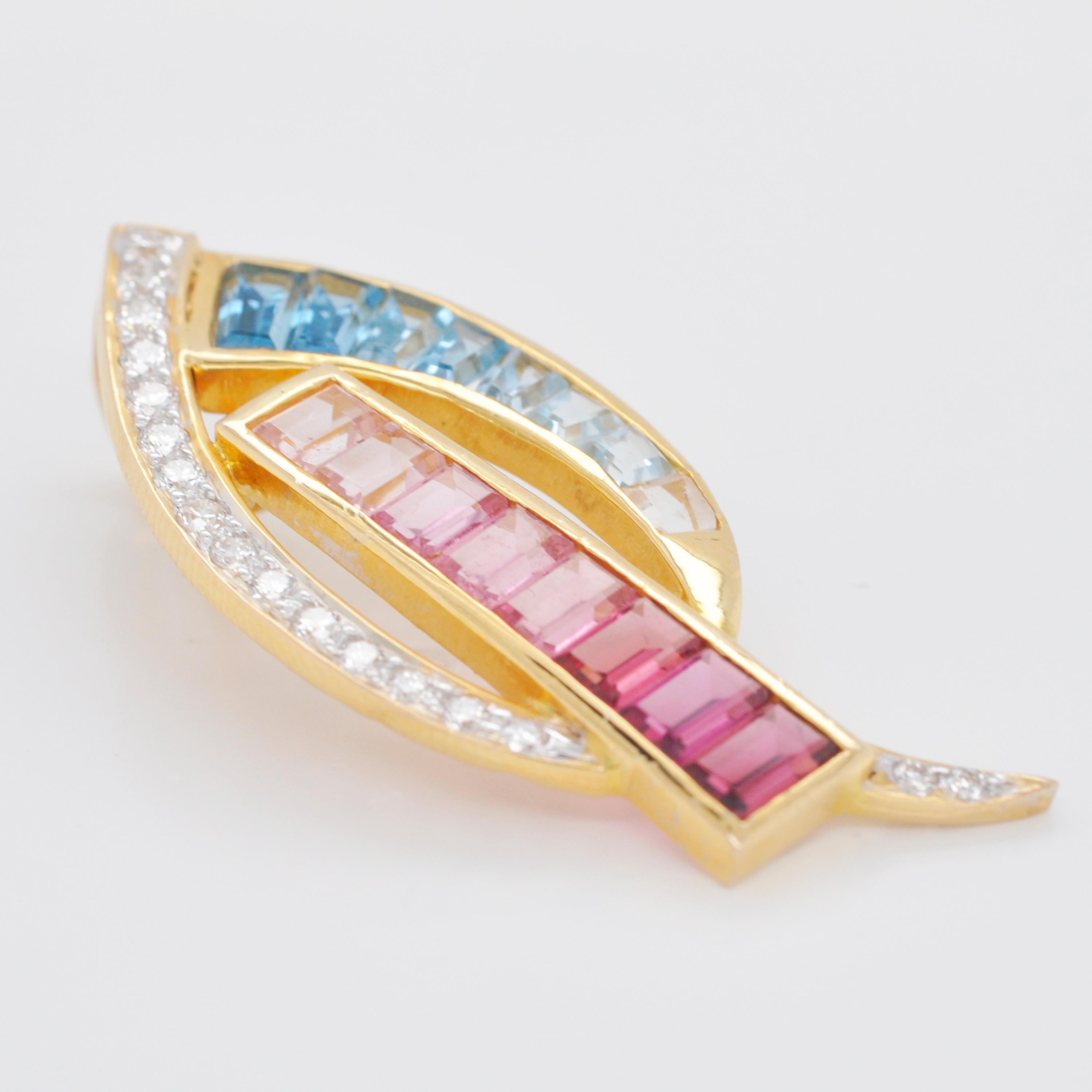 18 Karat Gold spitz zulaufende Baguette Rosa Turmalin Aquamarin Diamant Anhänger Halskette im Angebot 2