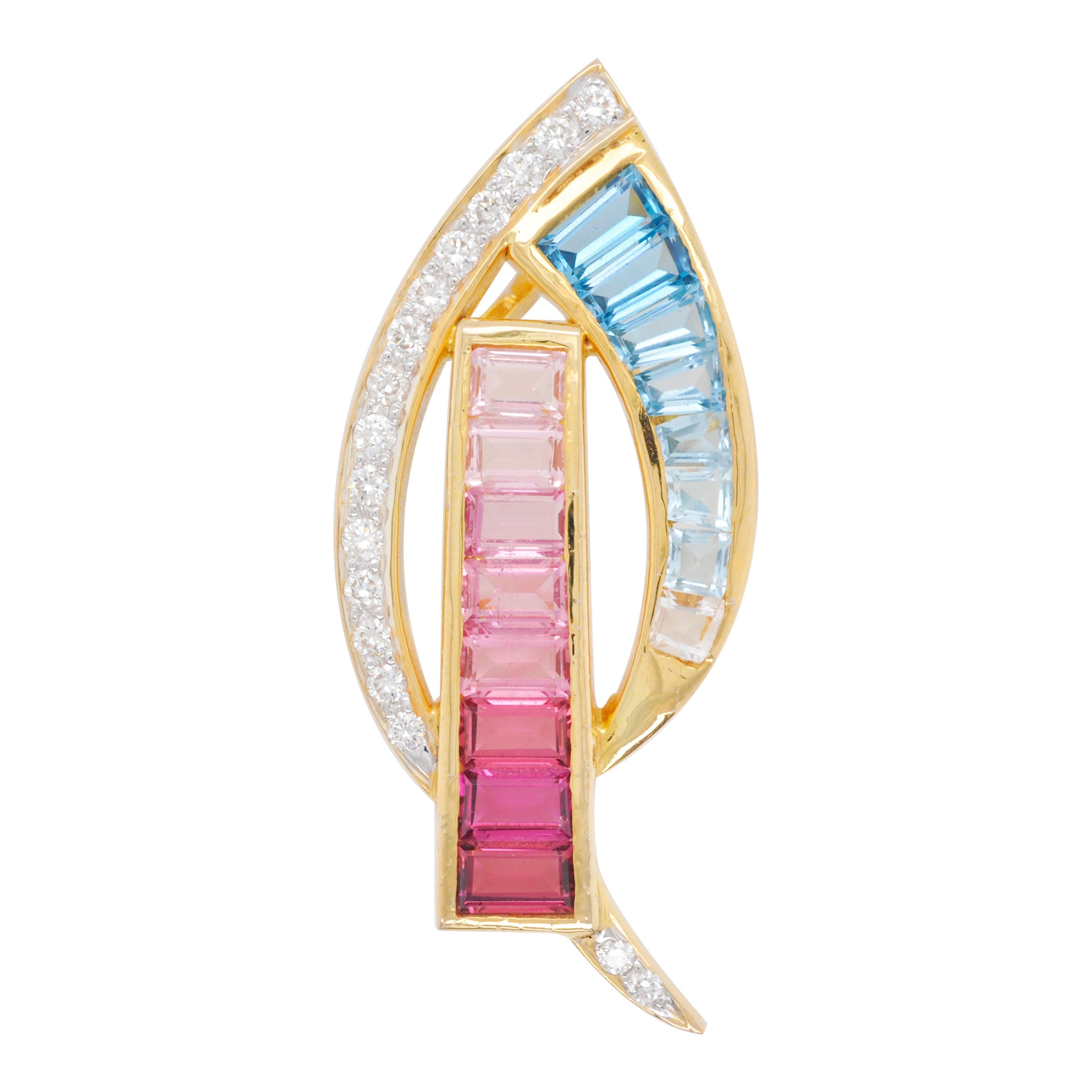 18 Karat Gold spitz zulaufende Baguette Rosa Turmalin Aquamarin Diamant Anhänger Halskette
