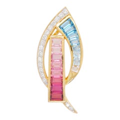 18 Karat Gold spitz zulaufende Baguette Rosa Turmalin Aquamarin Diamant Anhänger Halskette