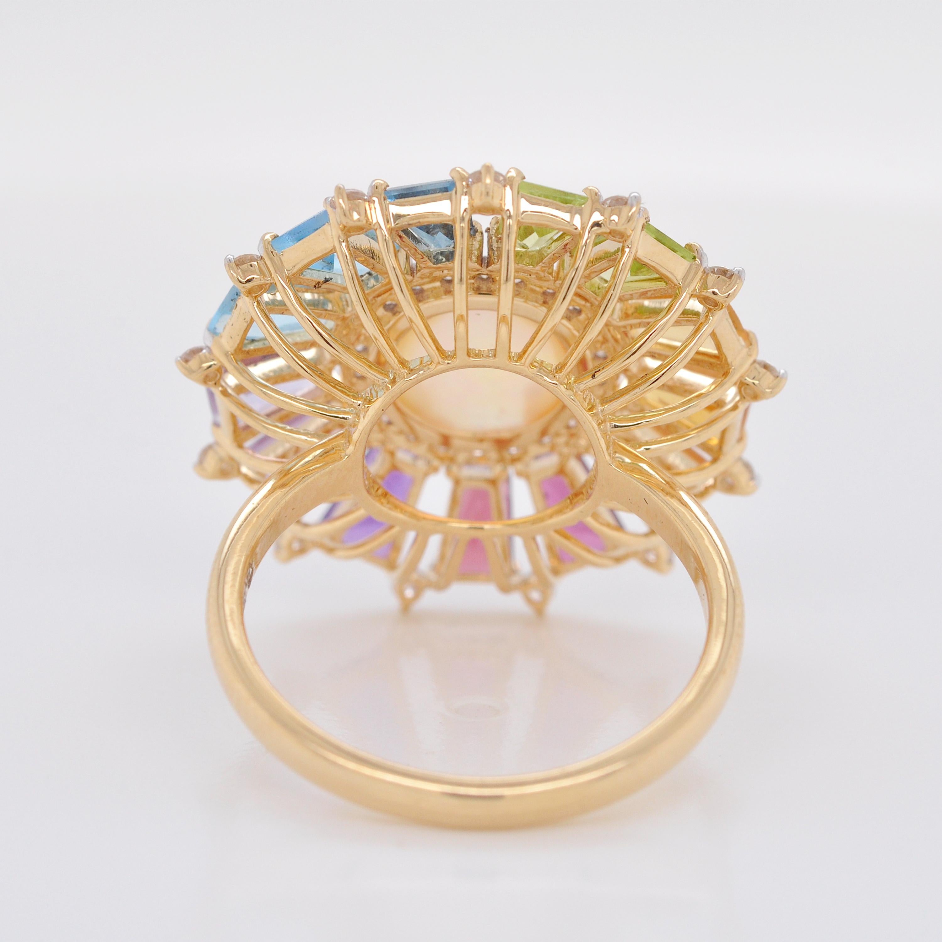 For Sale:  18 Karat Gold Taper Baguette Rainbow Gemstone Diamond Ethiopian Opal Deco Ring 10