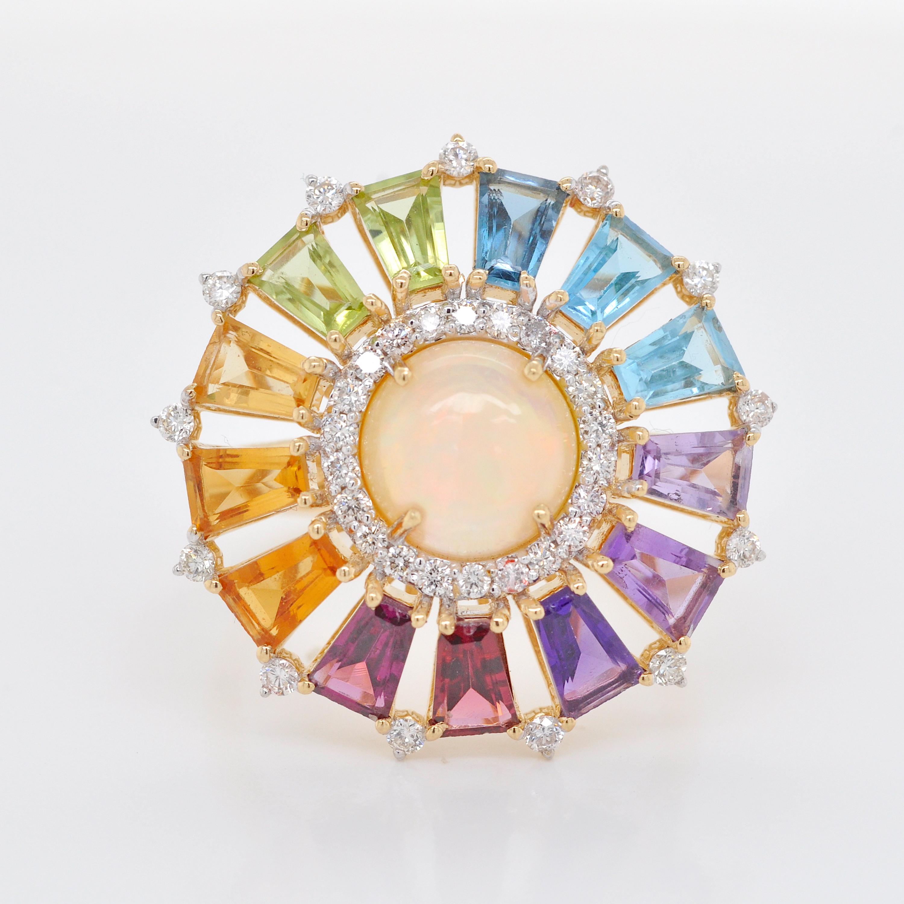 For Sale:  18 Karat Gold Taper Baguette Rainbow Gemstone Diamond Ethiopian Opal Deco Ring 11