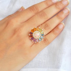 14 Karat Gold Taper Baguette Rainbow Gemstone Diamond Ethiopian Opal Deco Ring