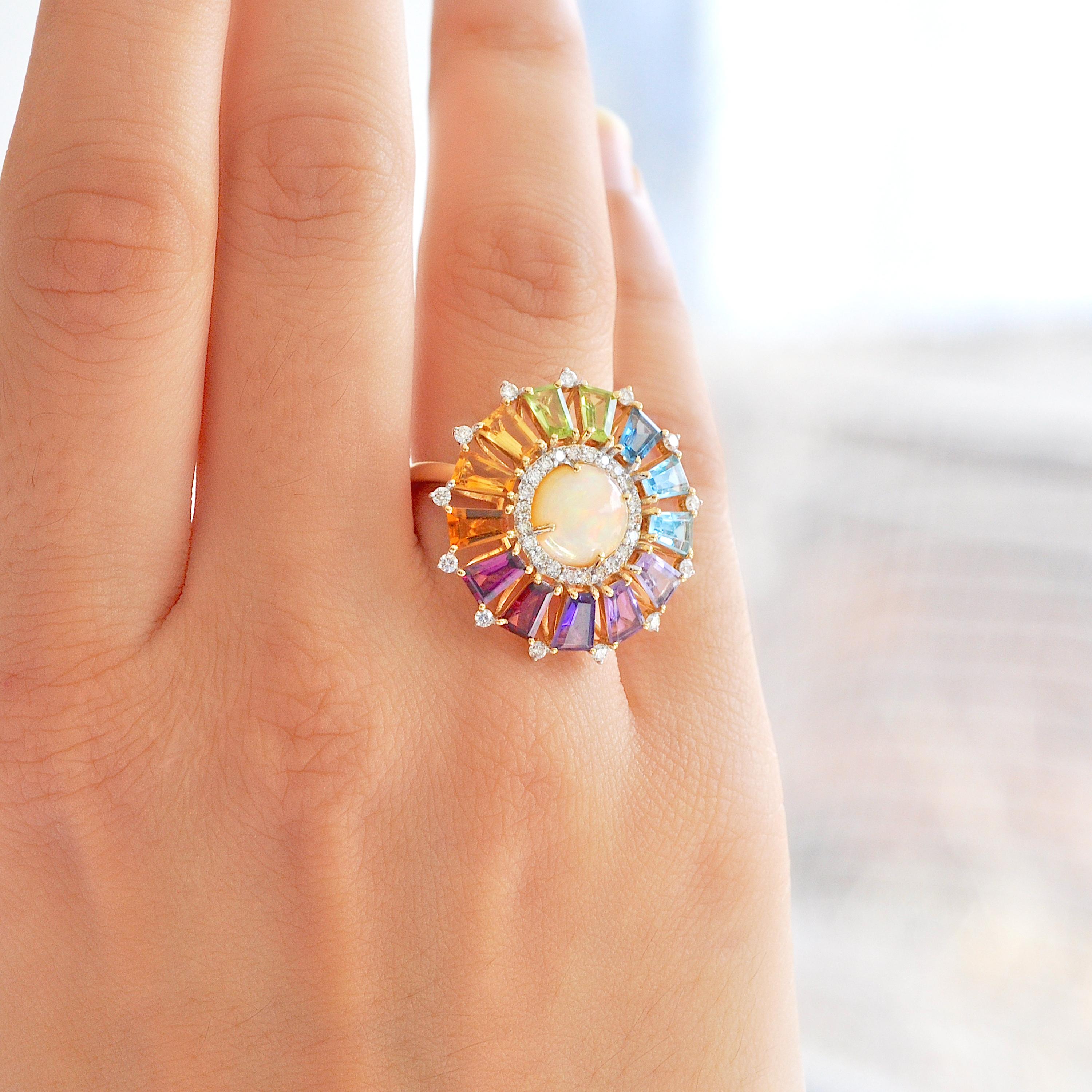For Sale:  18 Karat Gold Taper Baguette Rainbow Gemstone Diamond Ethiopian Opal Deco Ring 3