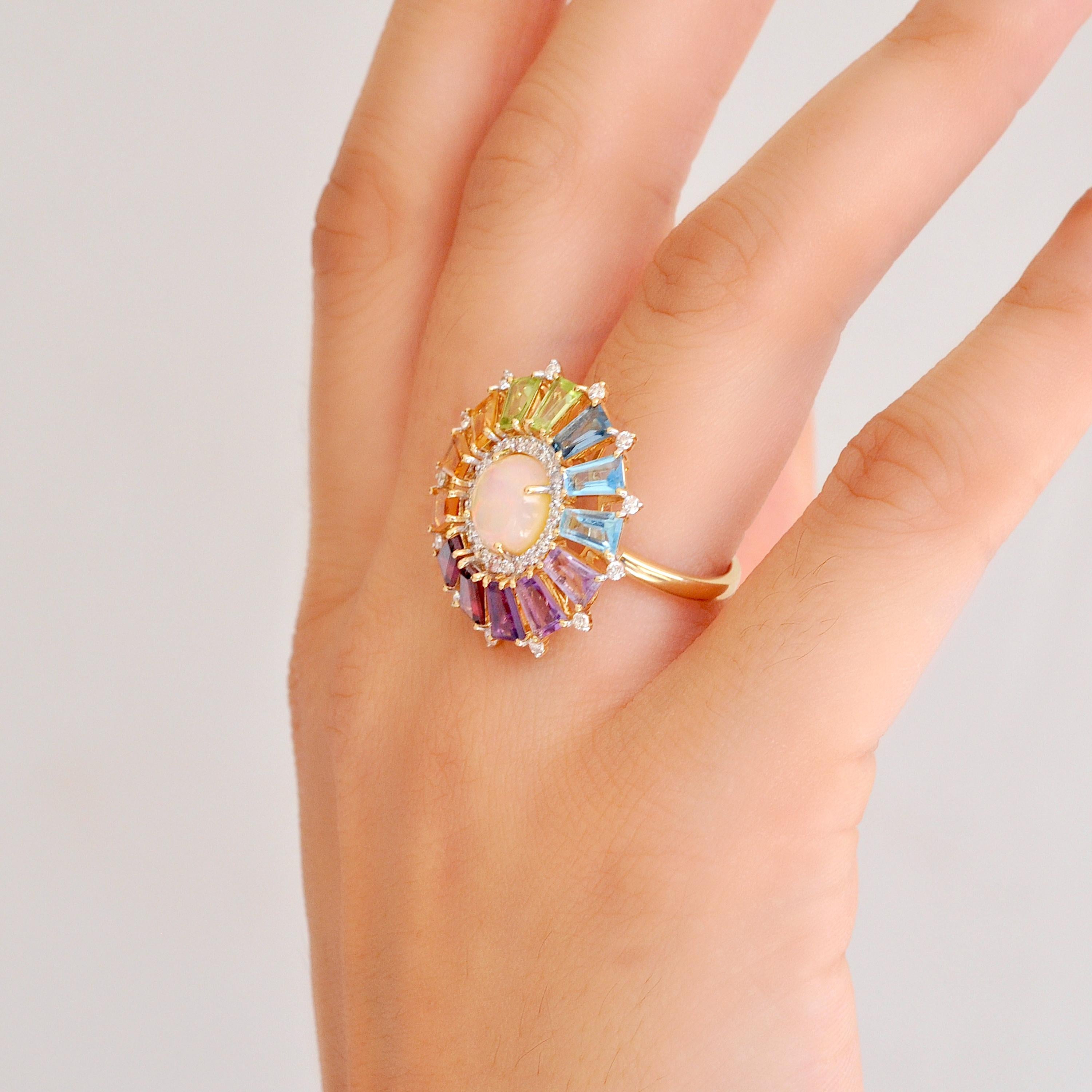 For Sale:  18 Karat Gold Taper Baguette Rainbow Gemstone Diamond Ethiopian Opal Deco Ring 4