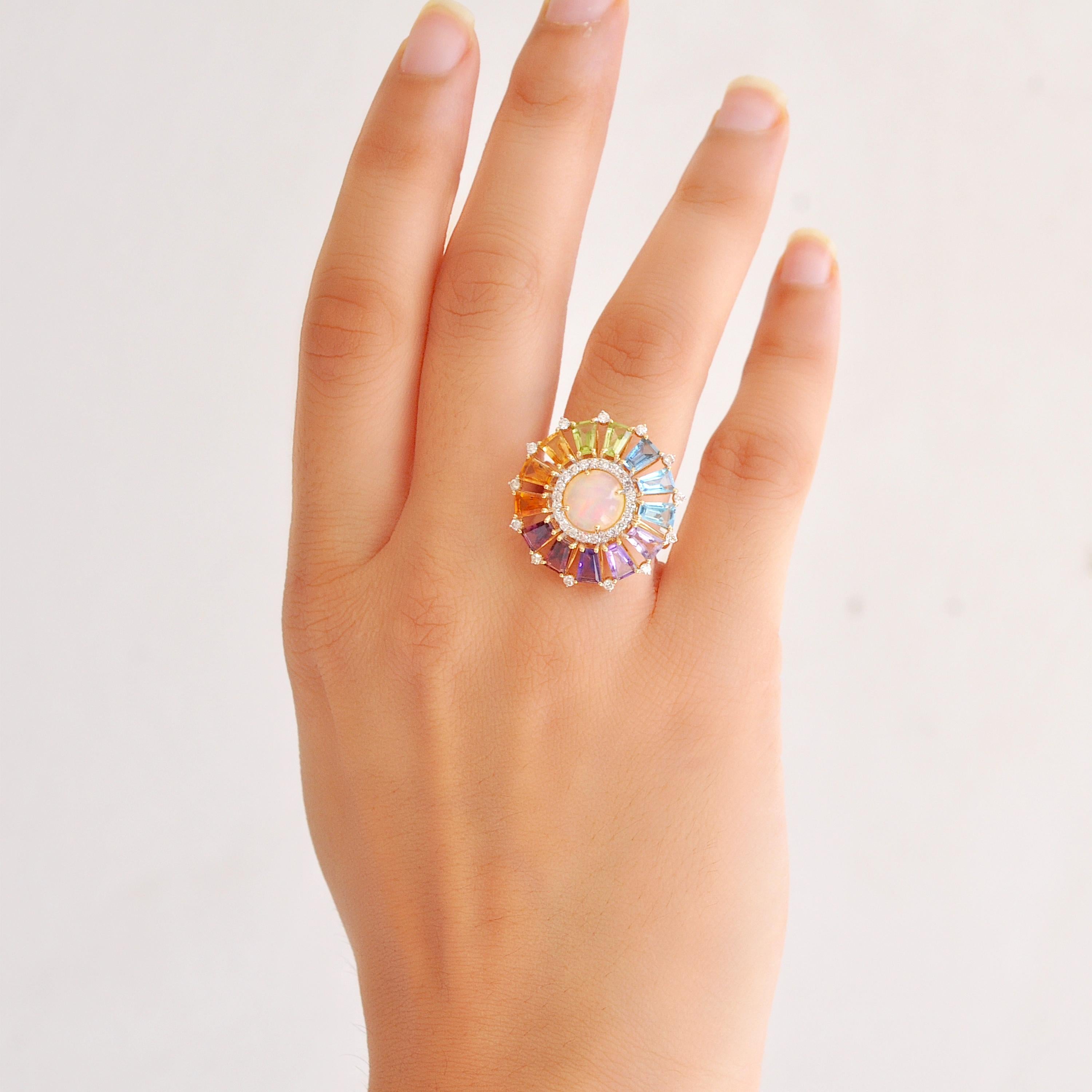 For Sale:  18 Karat Gold Taper Baguette Rainbow Gemstone Diamond Ethiopian Opal Deco Ring 6