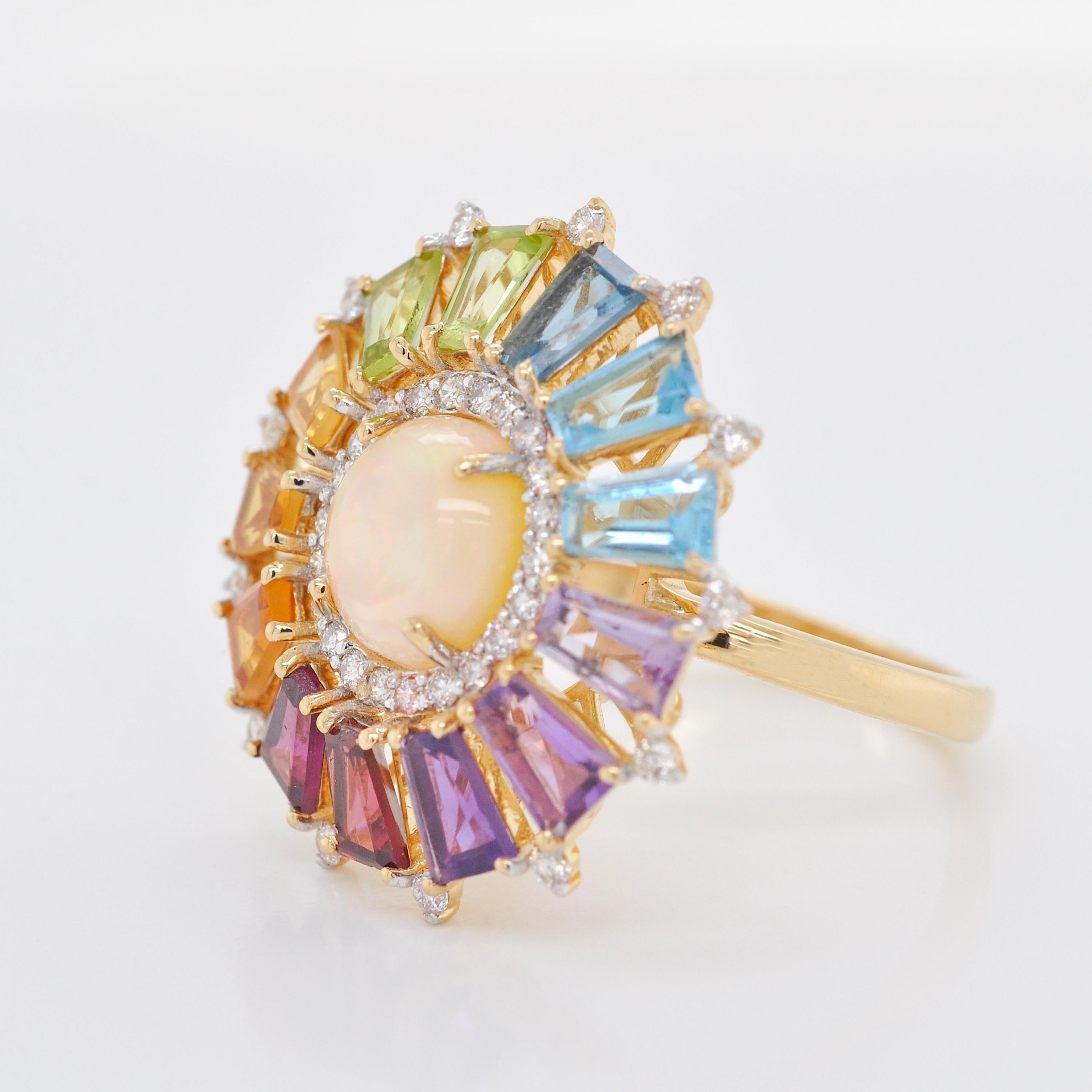 For Sale:  18 Karat Gold Taper Baguette Rainbow Gemstone Diamond Ethiopian Opal Deco Ring 8