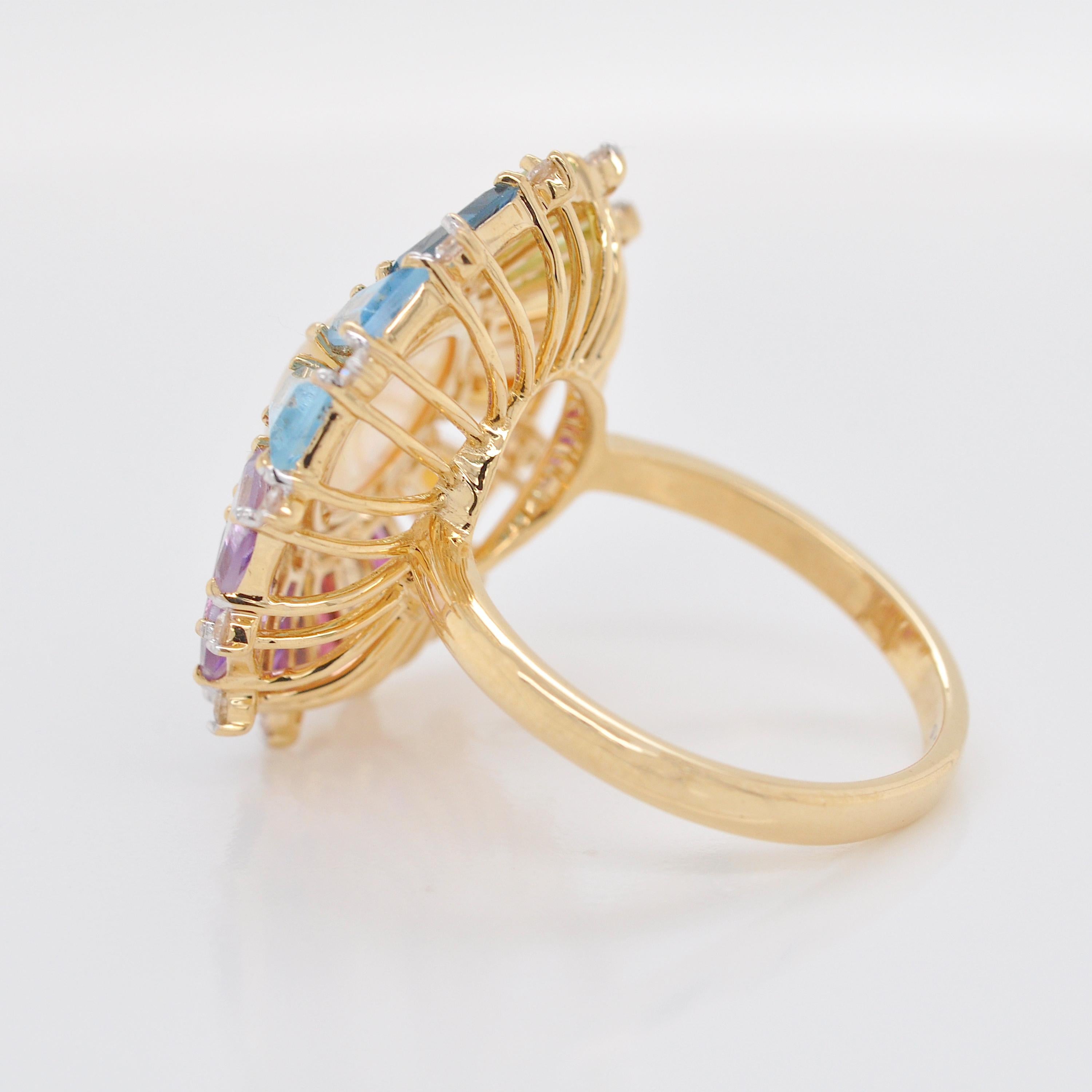 For Sale:  18 Karat Gold Taper Baguette Rainbow Gemstone Diamond Ethiopian Opal Deco Ring 9