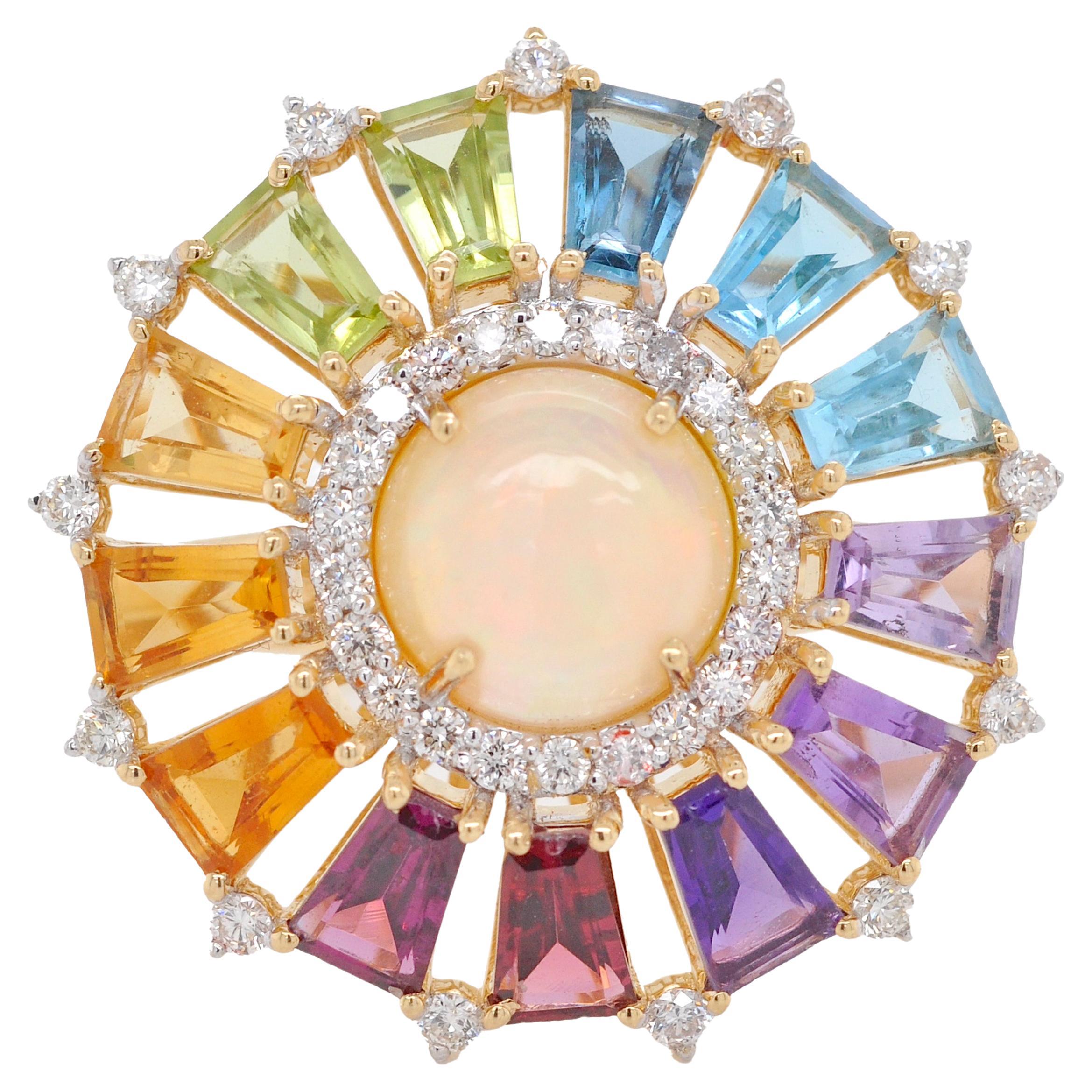 18 Karat Gold Taper Baguette Rainbow Gemstone Diamond Ethiopian Opal Deco Ring