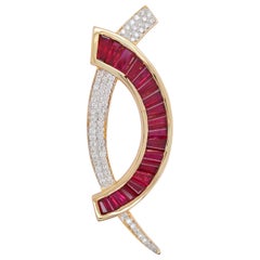 18 Karat Gold Taper Baguette Ruby Diamond Contemporary Brooch Pendant Necklace