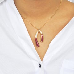 18 Karat Gold Channel Set Baguette Ruby Diamond Contemporary Pendant Necklace