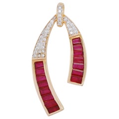 18 Karat Gold Channel Set Baguette Ruby Diamond Contemporary Pendant Necklace