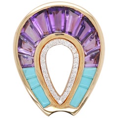 18 Karat Gold Calibre Cut Turquoise Amethyst Diamond Horse Shoe Pendant Necklace