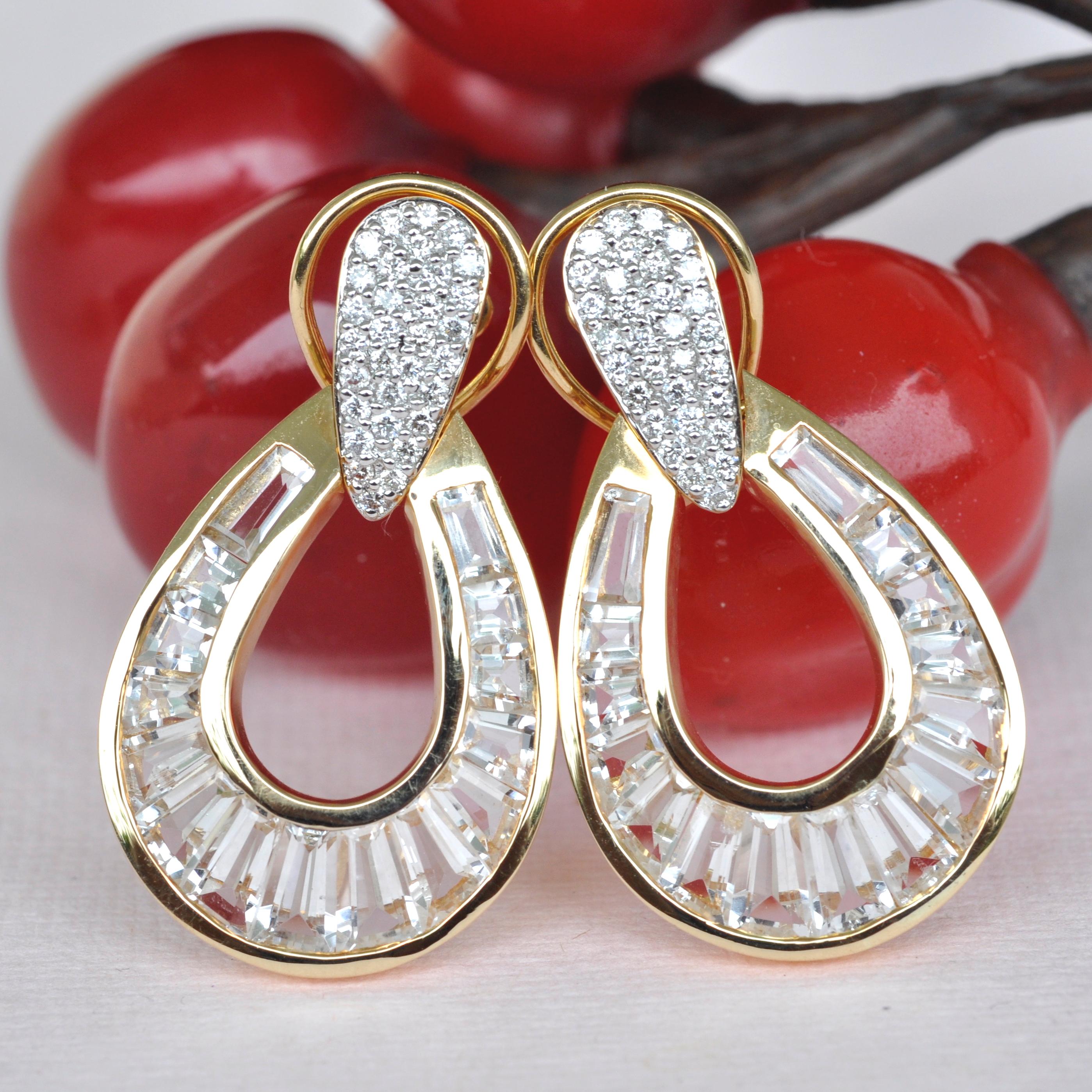 18 Karat Gold White Topaz Taper Baguette Diamond Dangle Teardrop Earrings For Sale 3