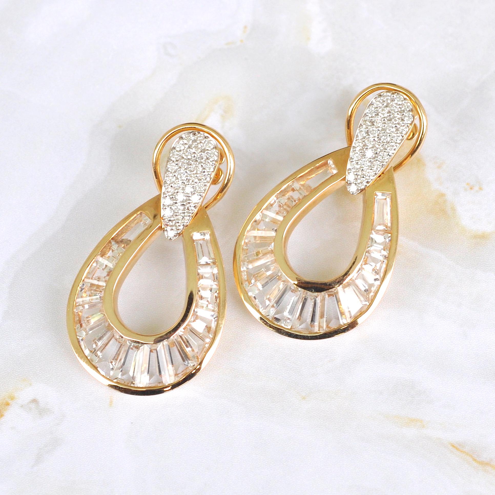 18 Karat Gold White Topaz Taper Baguette Diamond Dangle Teardrop Earrings For Sale 4