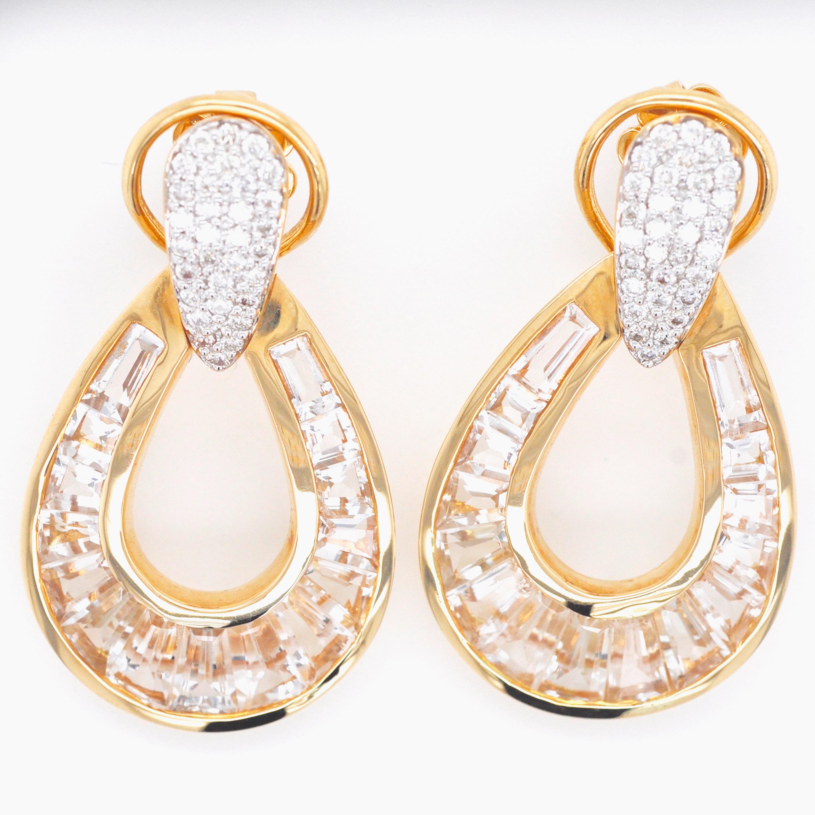 Contemporary 18 Karat Gold White Topaz Taper Baguette Diamond Dangle Teardrop Earrings For Sale