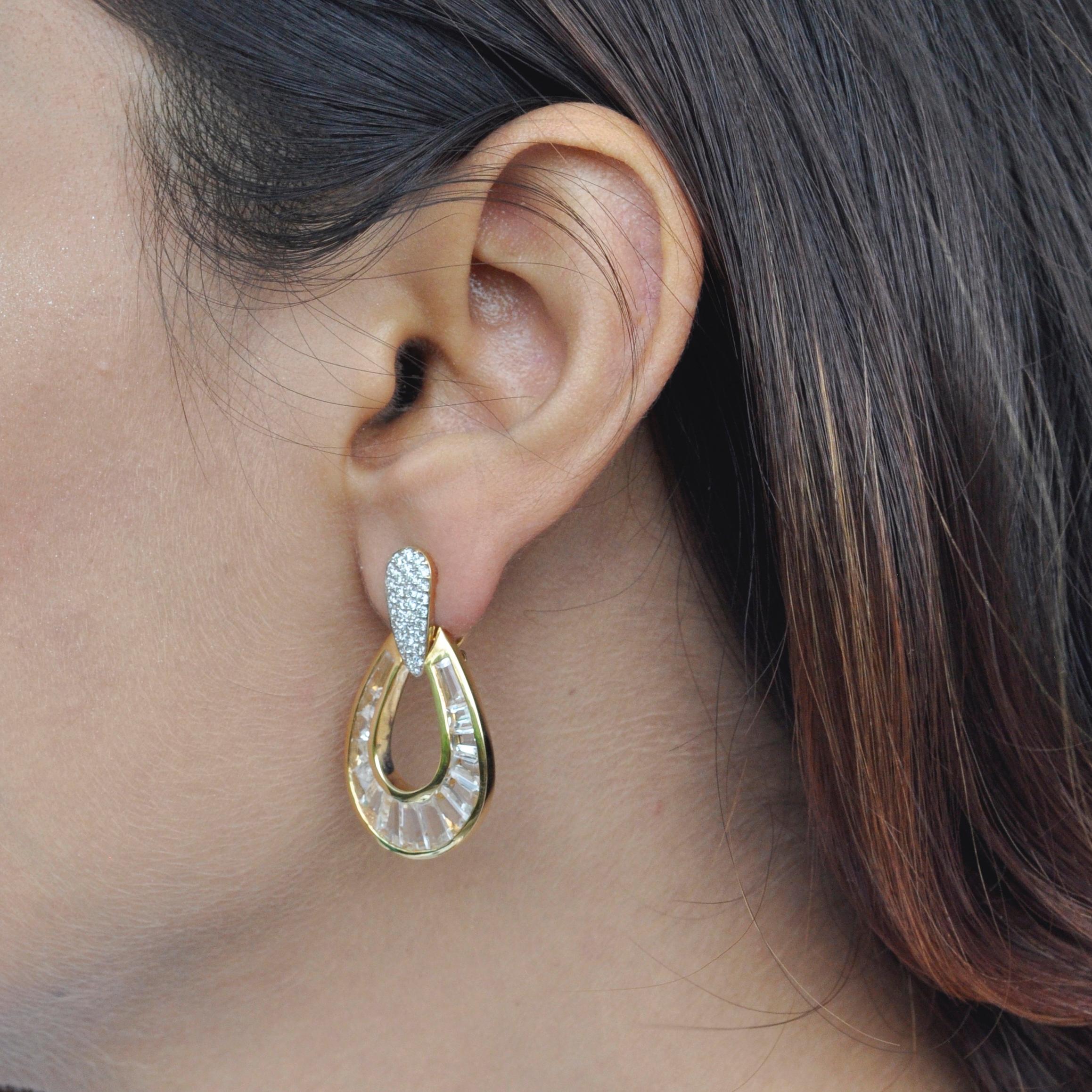 18 Karat Gold White Topaz Taper Baguette Diamond Dangle Teardrop Earrings For Sale 1