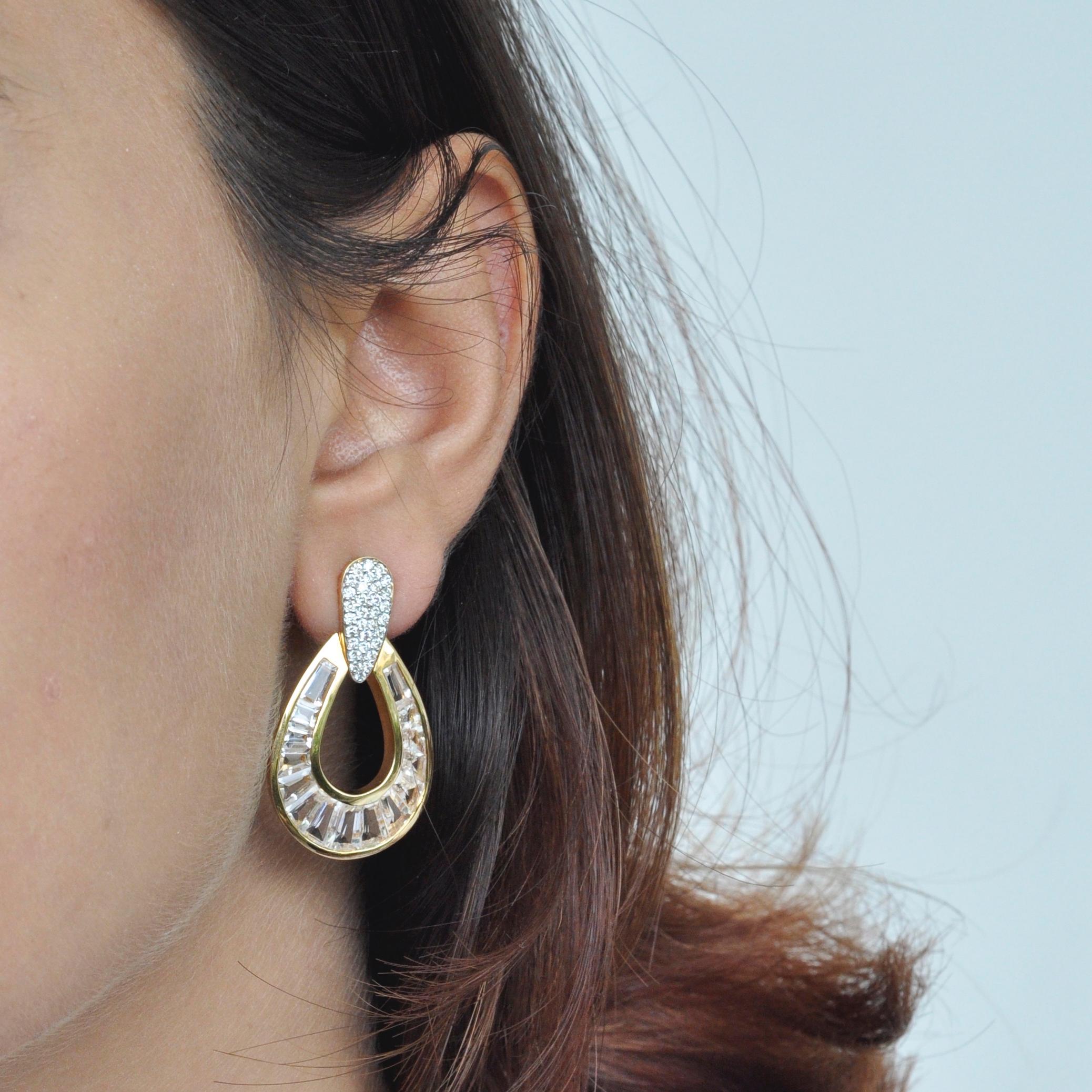 18 Karat Gold White Topaz Taper Baguette Diamond Dangle Teardrop Earrings For Sale 2