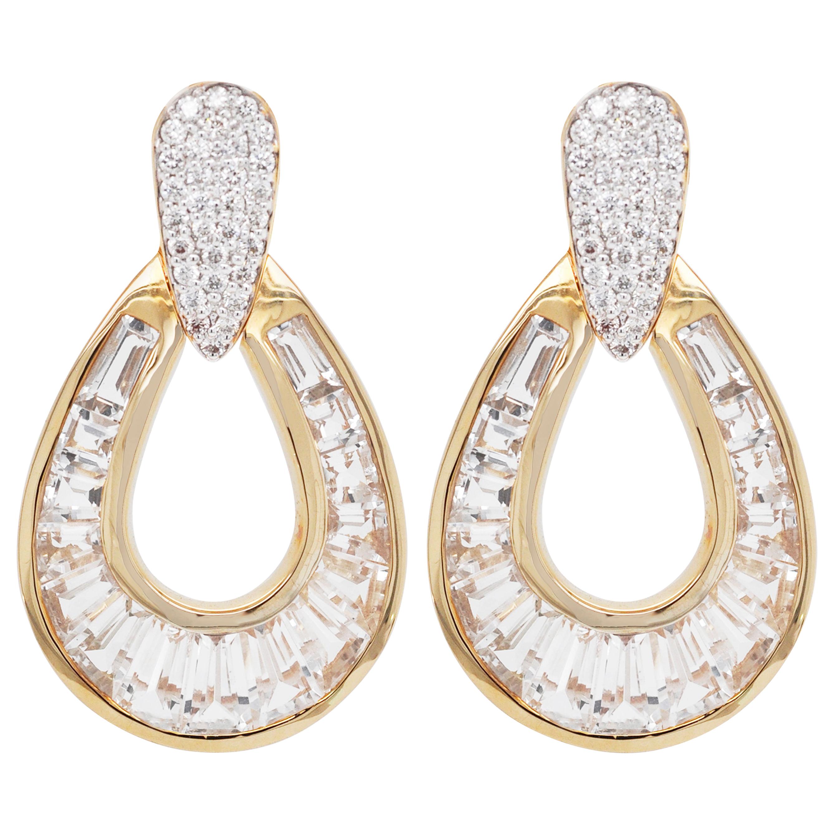 18 Karat Gold White Topaz Taper Baguette Diamond Dangle Teardrop Earrings For Sale