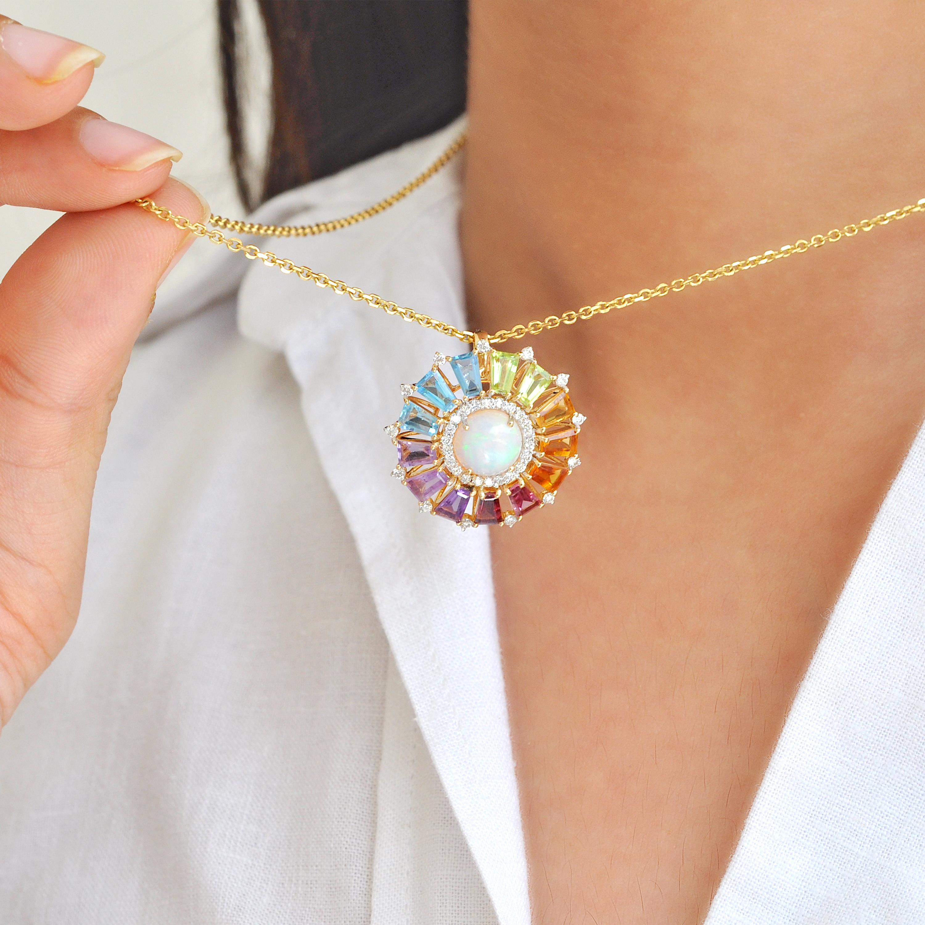 Baguette rastremato Ciondolo conico in oro 18 carati con Baguettes Rainbow Gemstones Opal Diamond Circle in vendita