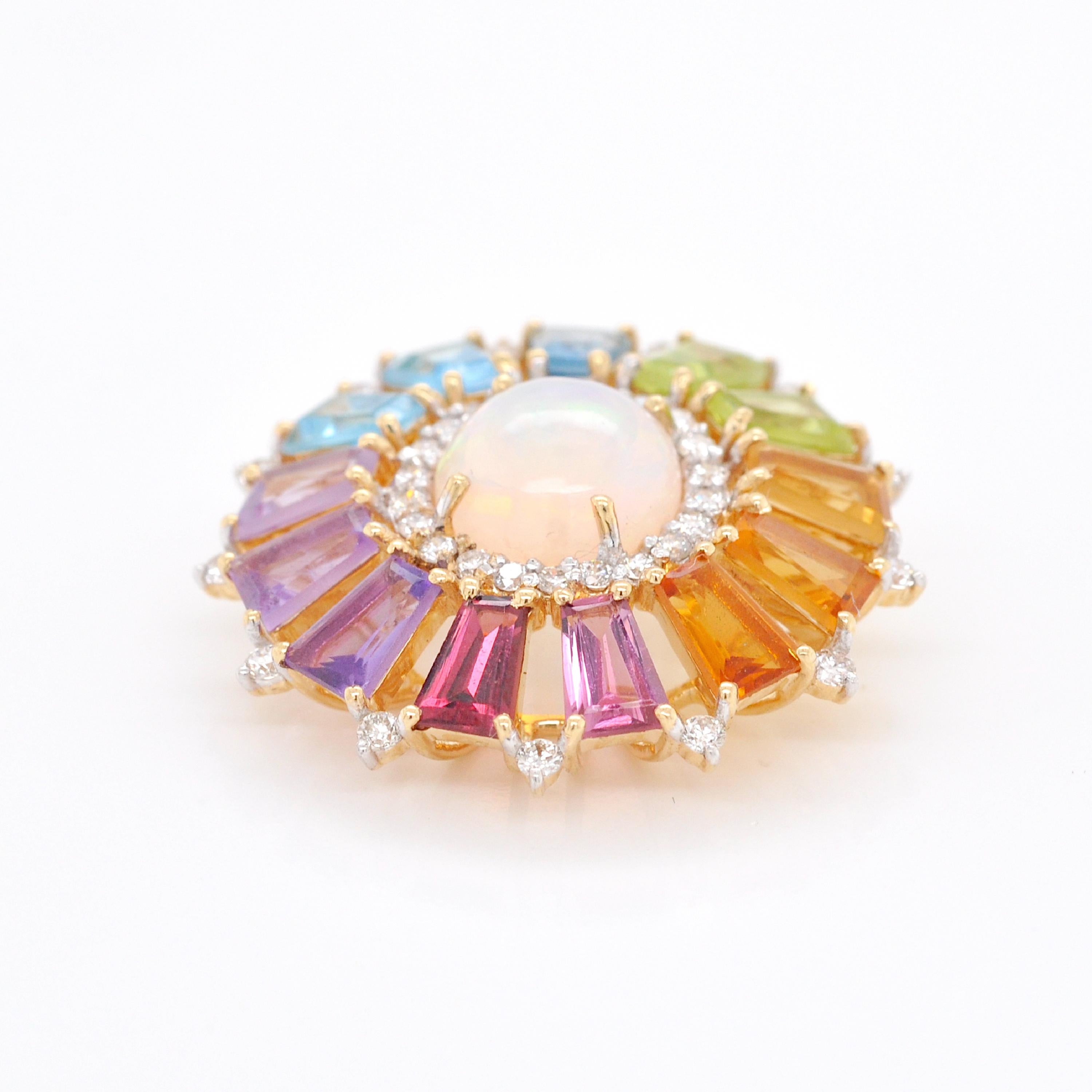 18 Karat Gold Taper Baguettes Rainbow Gemstones Opal Diamond Circle Pendant  In New Condition For Sale In Jaipur, Rajasthan