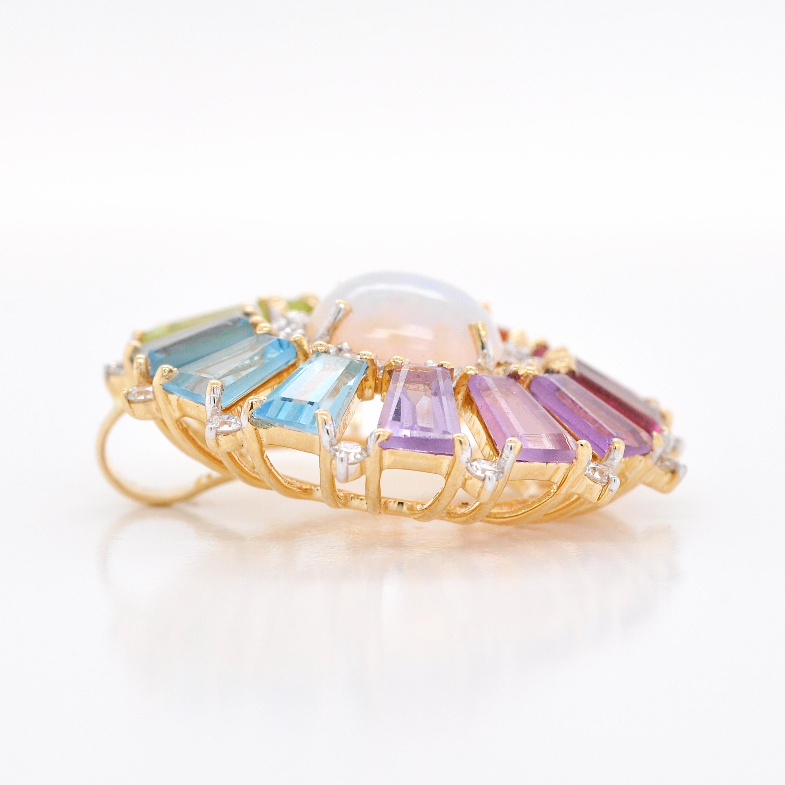 Women's 18 Karat Gold Taper Baguettes Rainbow Gemstones Opal Diamond Circle Pendant  For Sale