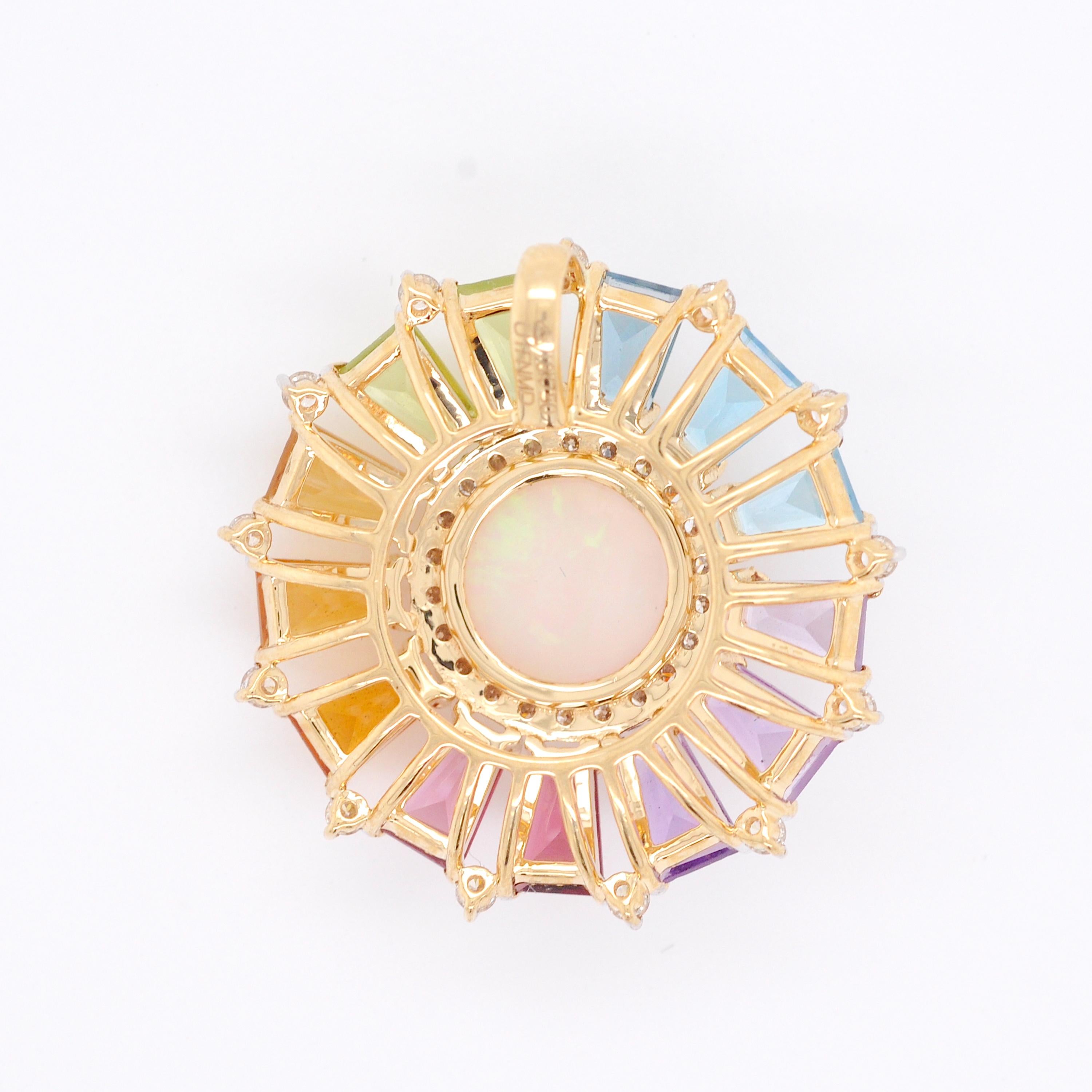 18 Karat Gold Taper Baguettes Rainbow Gemstones Opal Diamond Circle Pendant  For Sale 1