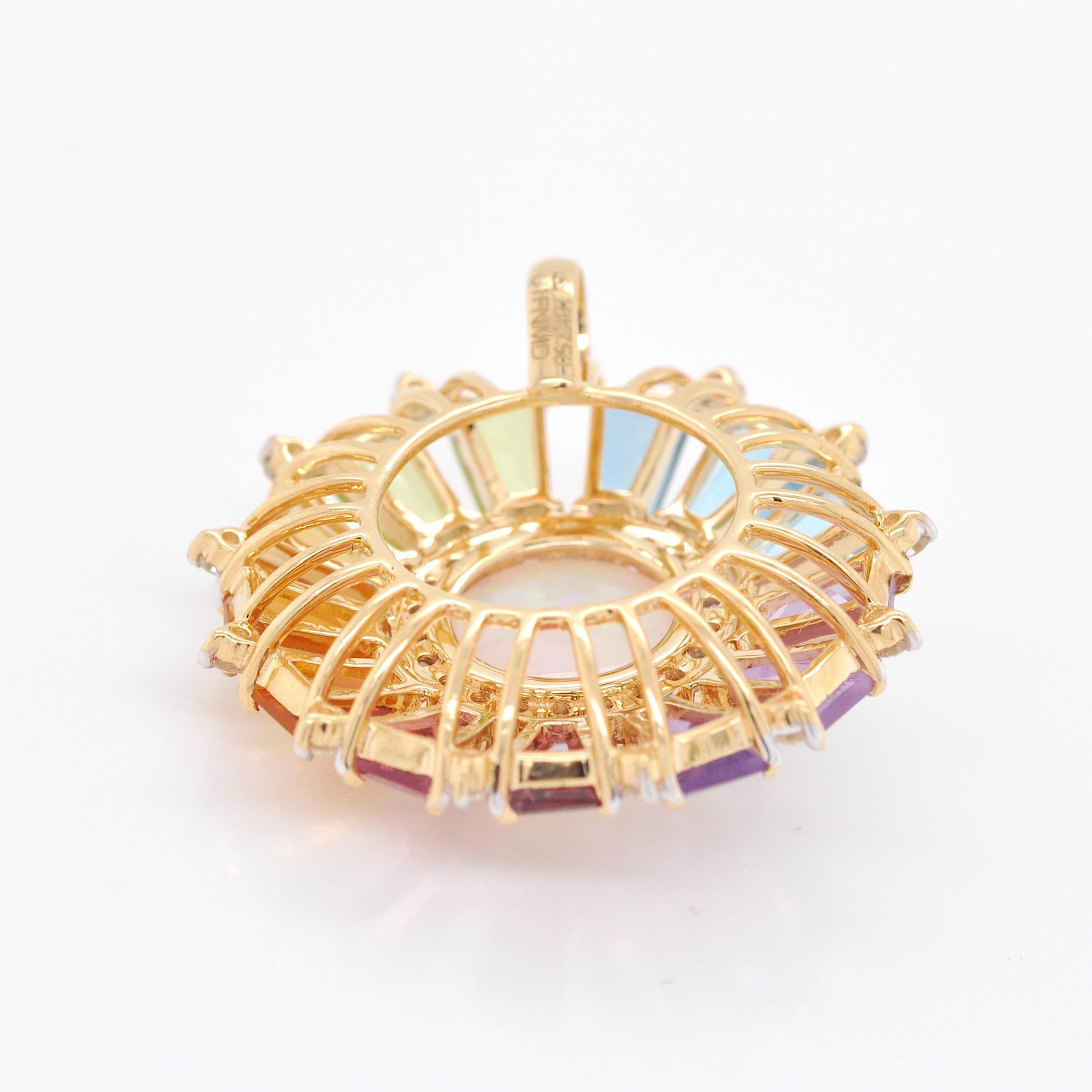 18 Karat Gold Taper Baguettes Rainbow Gemstones Opal Diamond Circle Pendant  For Sale 2