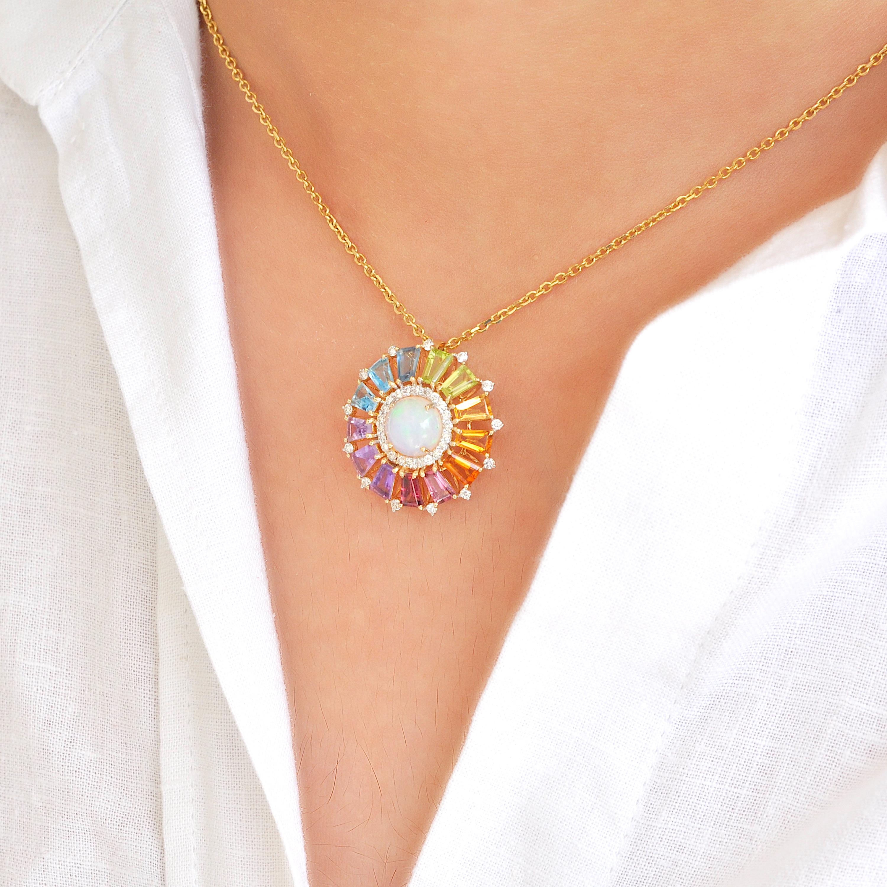 Ciondolo conico in oro 18 carati con Baguettes Rainbow Gemstones Opal Diamond Circle in vendita 3