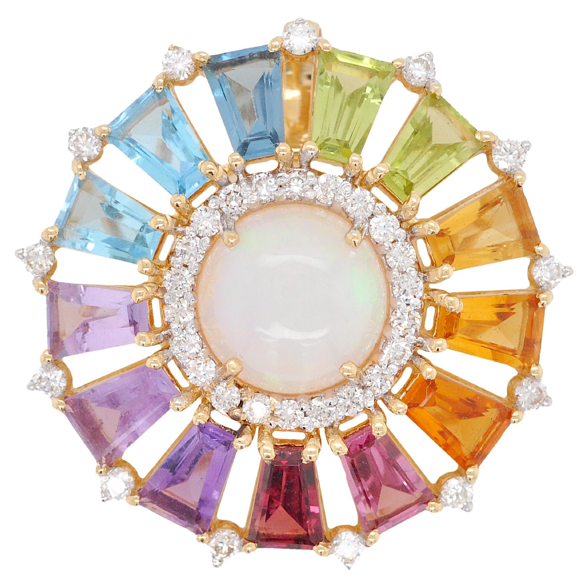 18 Karat Gold Taper Baguettes Rainbow Gemstones Opal Diamond Circle Pendant  For Sale