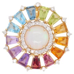 18 Karat Gold Taper Baguettes Rainbow Gemstones Opal Diamond Circle Pendant 